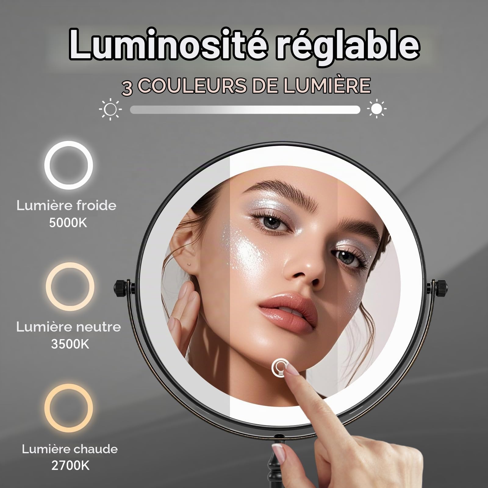 Nicesail Miroir Grossissant sur Pied Noir Bronze x10 - Miroir Maquillage Lumineux - Miroir de Table Rétro - Rechargeable - Trois Couleurs de Lumière - Salle de Bain,Diamètre 20cm