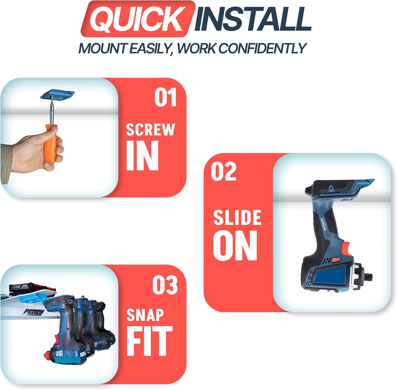 PERCH Tool Organization for BOSCH/FEIN18v Tools (3 Holders) | Made in USA | Patented Snap-Fit Locks Tools into Place | Hardware Included | Strongest Tool Mount
