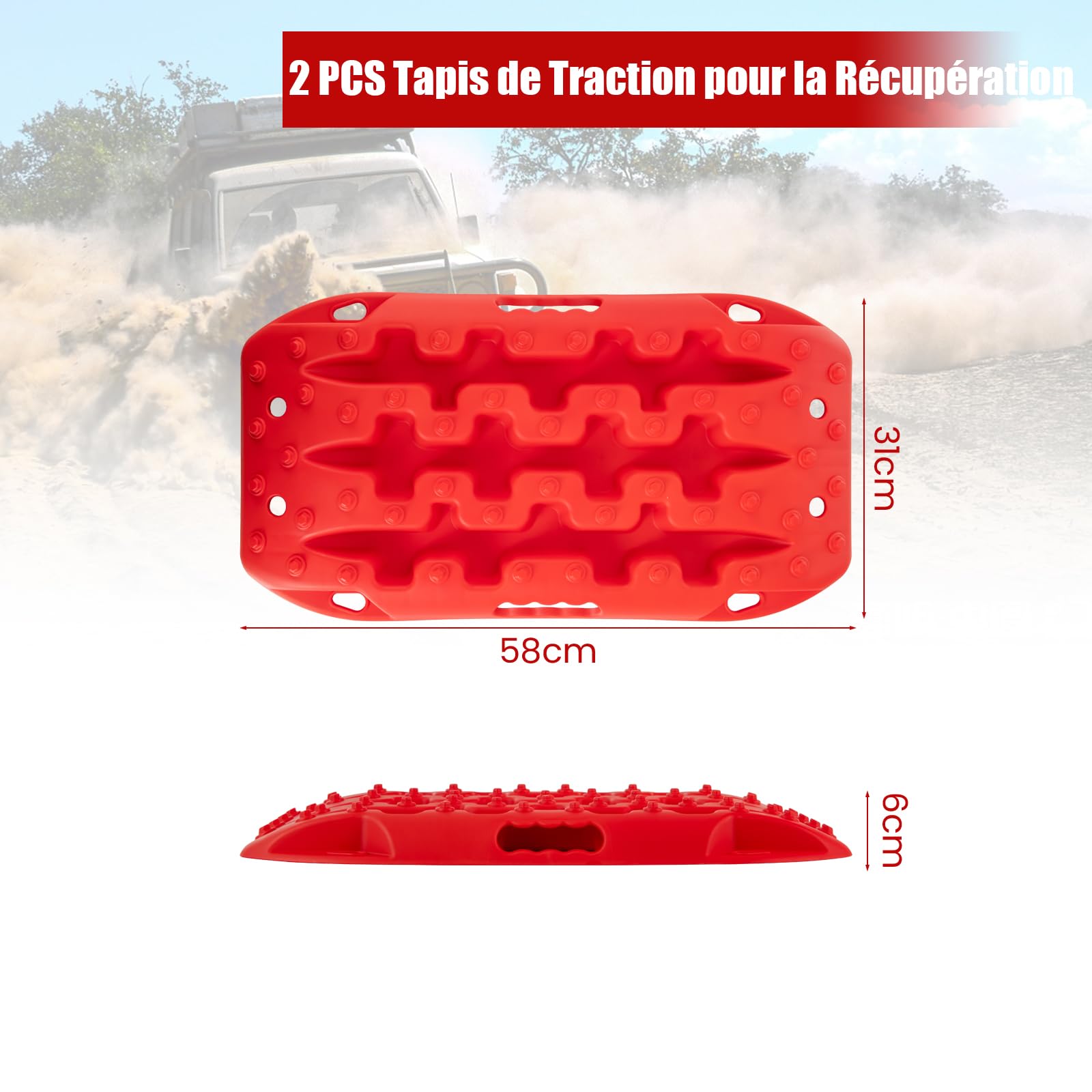SOARS Lot de 2 Tapis de Traction Tout-Terrain, Planche de Récupération pour Boue, Sable et Neige, Charge Maximale 10 T, pour Voiture Tout-Terrain, Camping-Car, Camion, 58 x 31 x 6 CM, Rouge