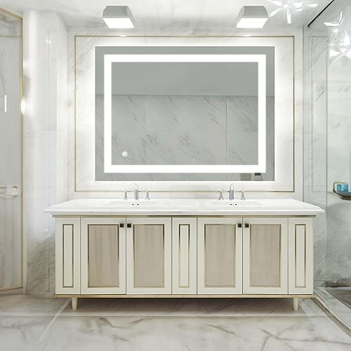 RIDFY Espejo de baño LED, espejo de tocador iluminado con alto lumen, espejo de maquillaje con memoria, 3 colores regulables, antivaho, a prueba de