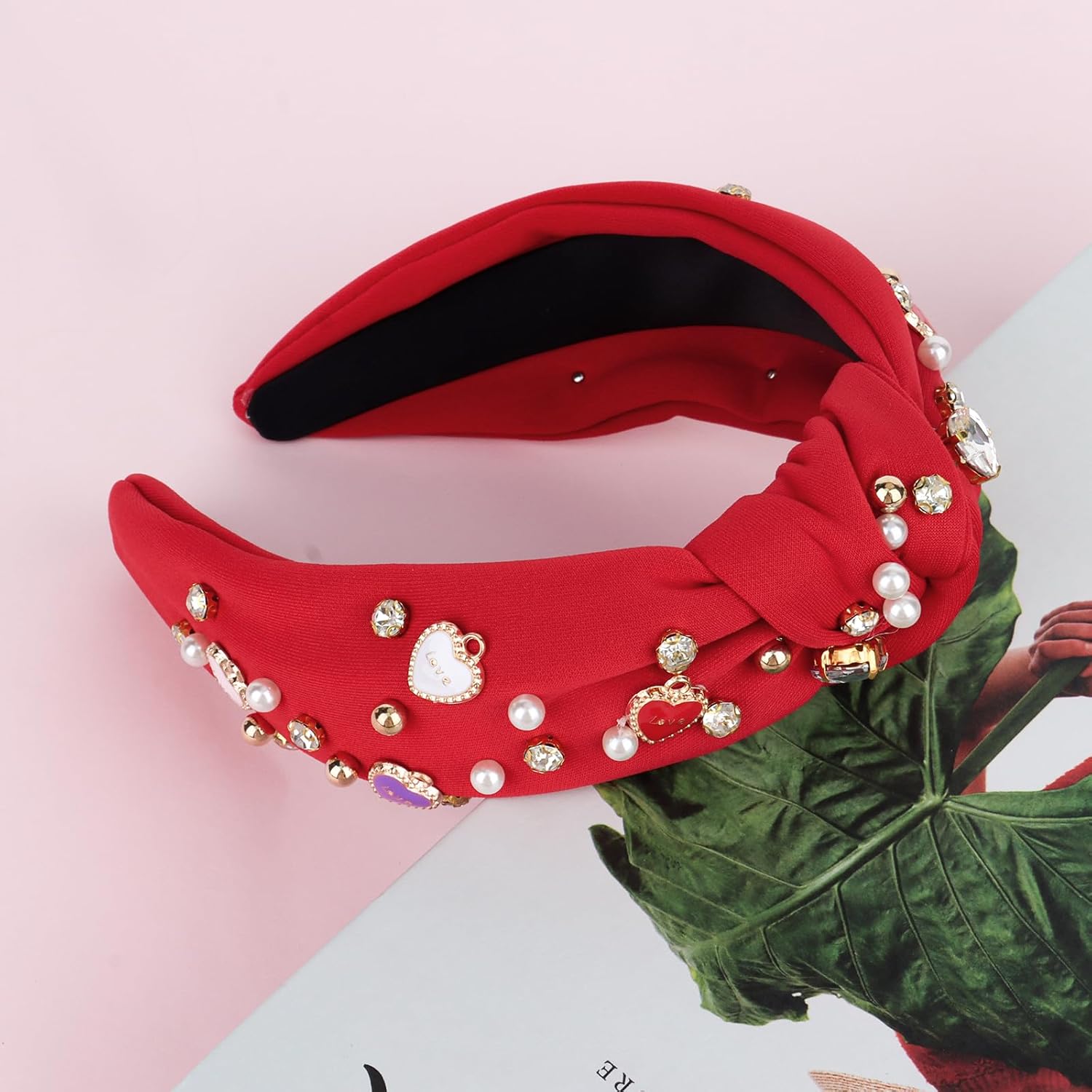 CURASA Valentine‘s Day Headband for Women Girls Love Heart Red Knotted Headband Pearl Crystal Rhinestone Jeweled Headpiece Wide Top Knot HairBand Fashion Heart Accessories Party Holiday Gifts - Image 4