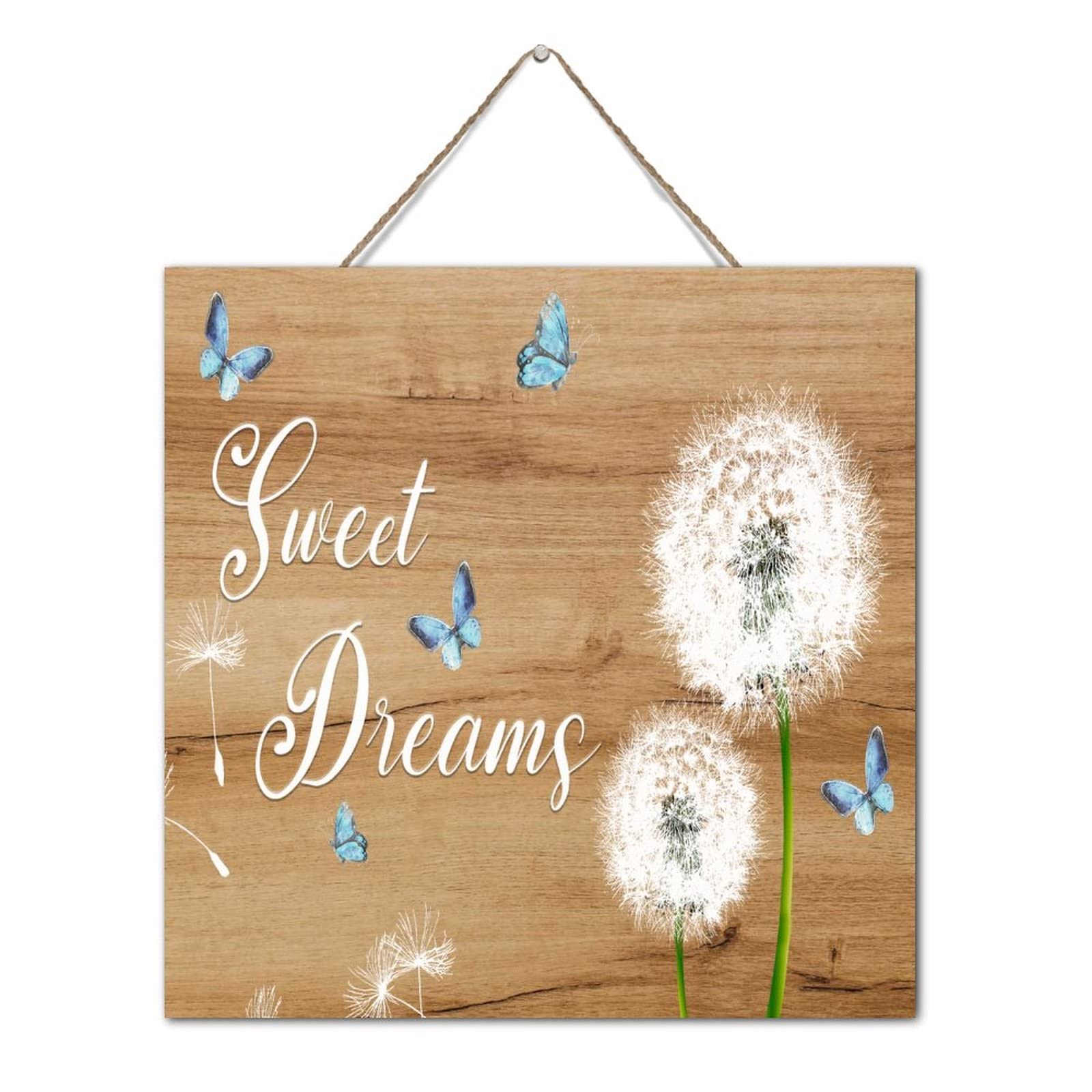 Panneau rustique en bois peint Sweet Dreams 30cm déco pissenlit papillon
