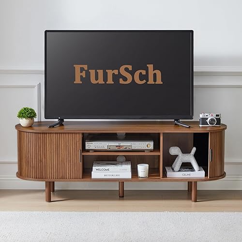 Miniatura 5 de Soporte de TV con puerta de tambor de 54 pulgadas, mueble de TV moderno de madera de mediados de siglo para TV de hasta 65 pulgadas, soporte largo