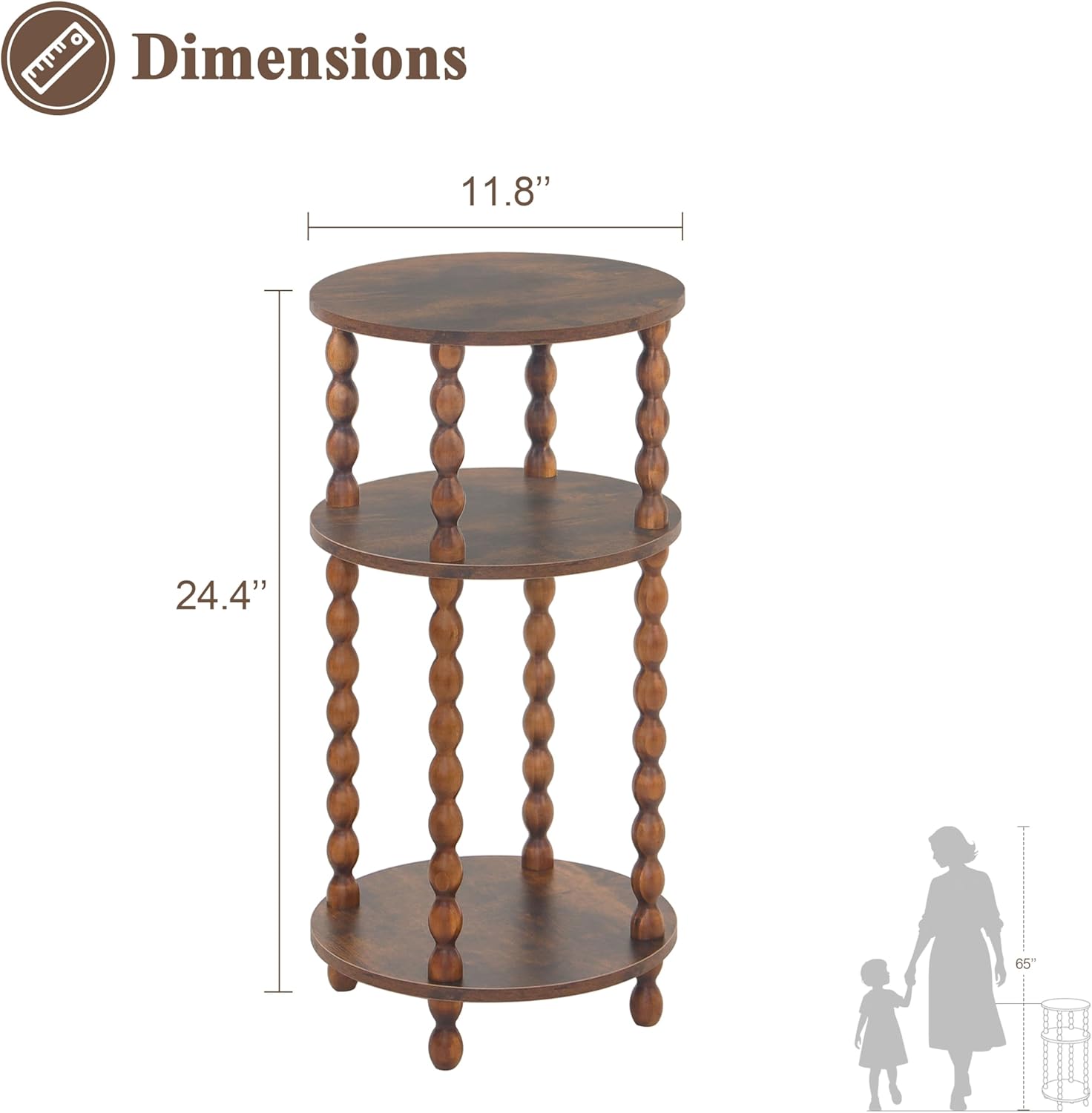AWASEN Small Side Table, 3-Tier Round End Table for Small Spaces, Modern Bedside Table Nightstand for Bedroom, Living Room, Office, Rustic Brown