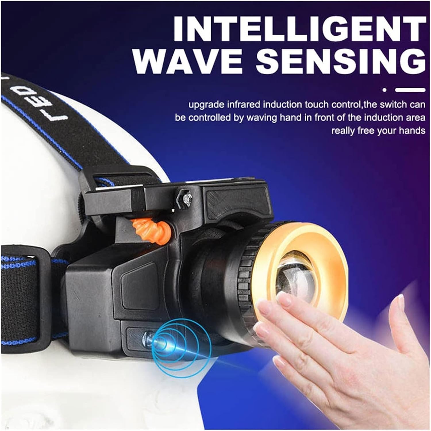 Linterna frontal de inducción solar - Recargable por USB 18650, luz LED con zoom para pesca, caza y acampada al aire libre. Tipo