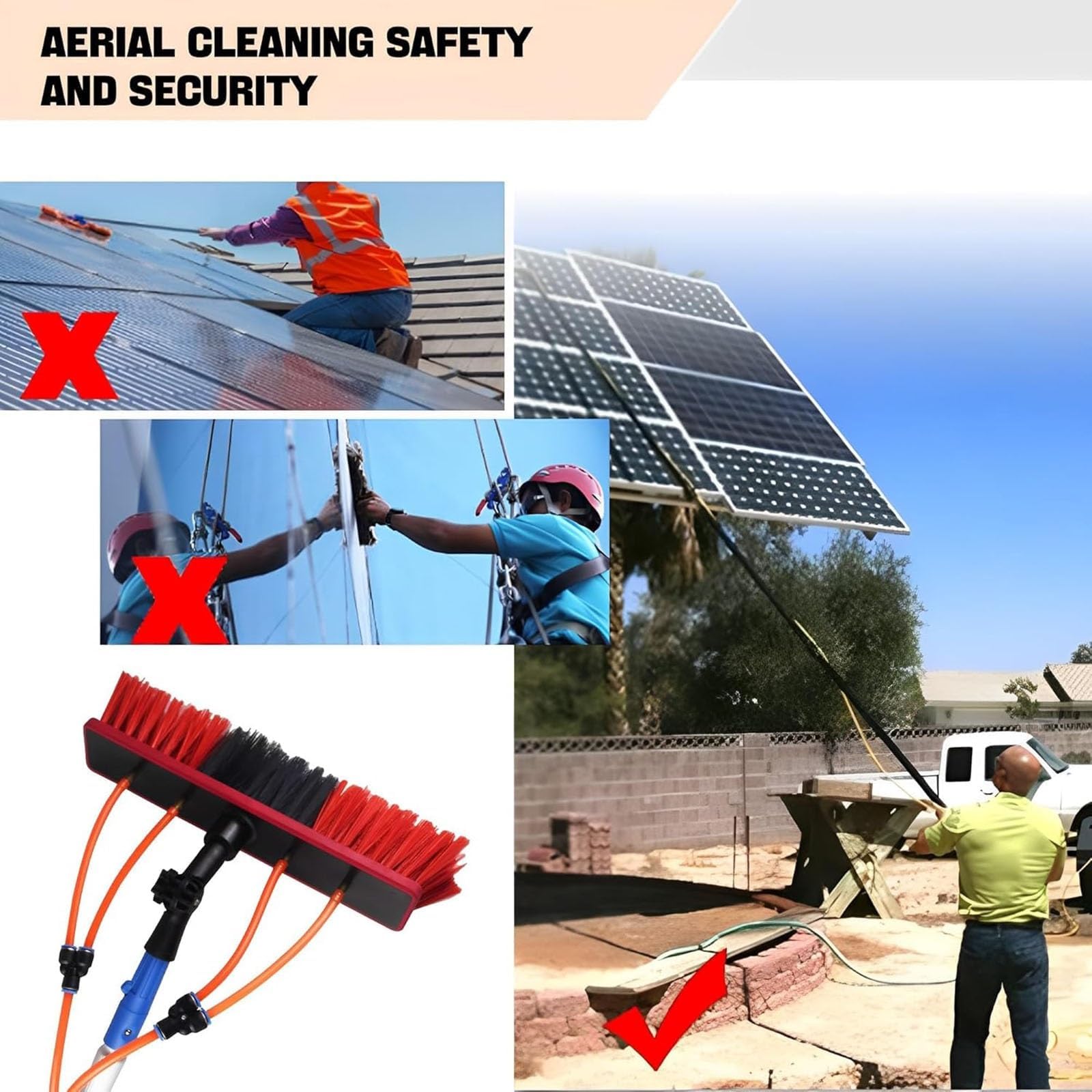 Reinigungsset für Solarpaneele (4–12 m), 20 m Schlauch & Bürstenkopf (35/55 cm lang), Einzelstange / 0,25 kg, rostfrei und knickfest, Schnellverschluss, für Wohnmobile und Camper,5m,35cm