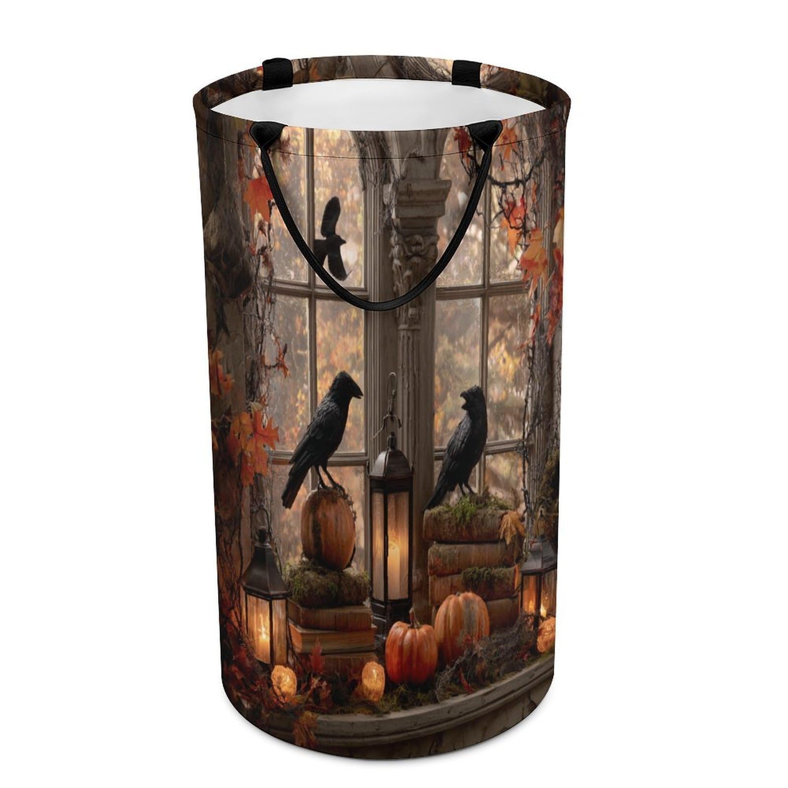 LUYYSKY Beautiful Abstract Gothic Raven Collapsible Dirty Clothes Basket, Vintage Realistic Halloween Animals Crows Maple Leaves Pumpkins Portable Clothes Storage Basket