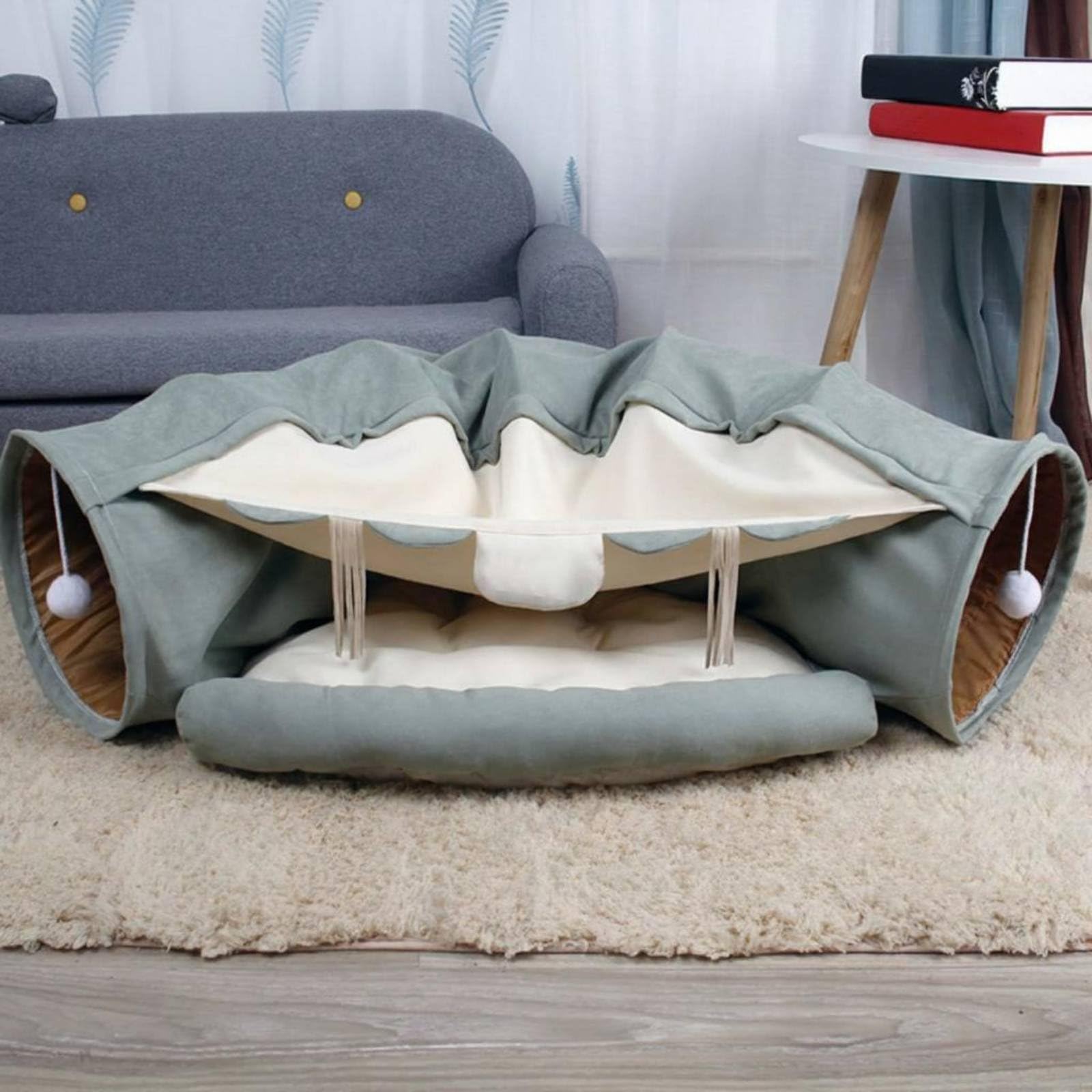 Tunnel pour en 1 Couchage et Jouet avec Dossier Moelleux Passage Superposé Bruissement Stimulant Franges Suspendues Polyester Adapté aux Félins