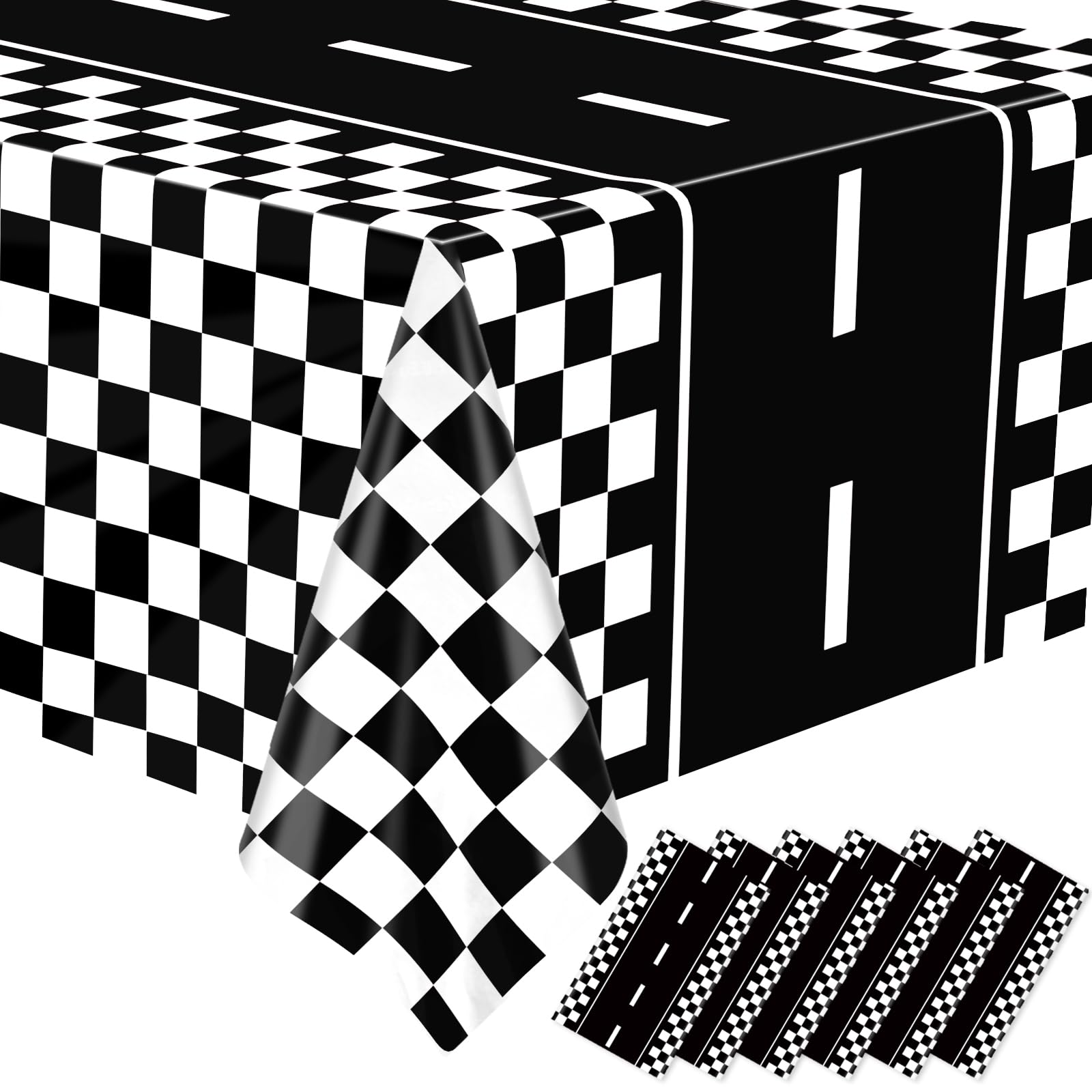 WNINK 6 Pack Race Car Table Cloth Black and White Gingham Tablecloths Disposable Plastic Buffalo Check Tablecloth Checkered Flag Covers for Birthday, Outdoor Picnic, Birthday, Camping 54 × 108 Inch