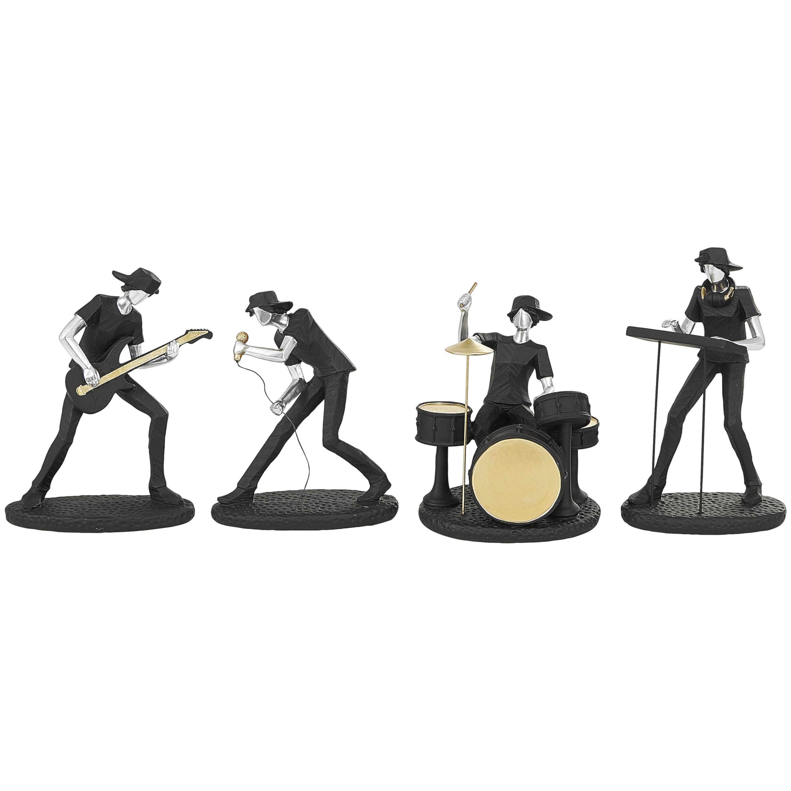 Deco 79 Polystone Musician Decorative Sculpture Rock Band Home Decor Statues with Gold and Silver Accents, Set of 4 Accent Figurines 8", 8", 9", 10"H, Black