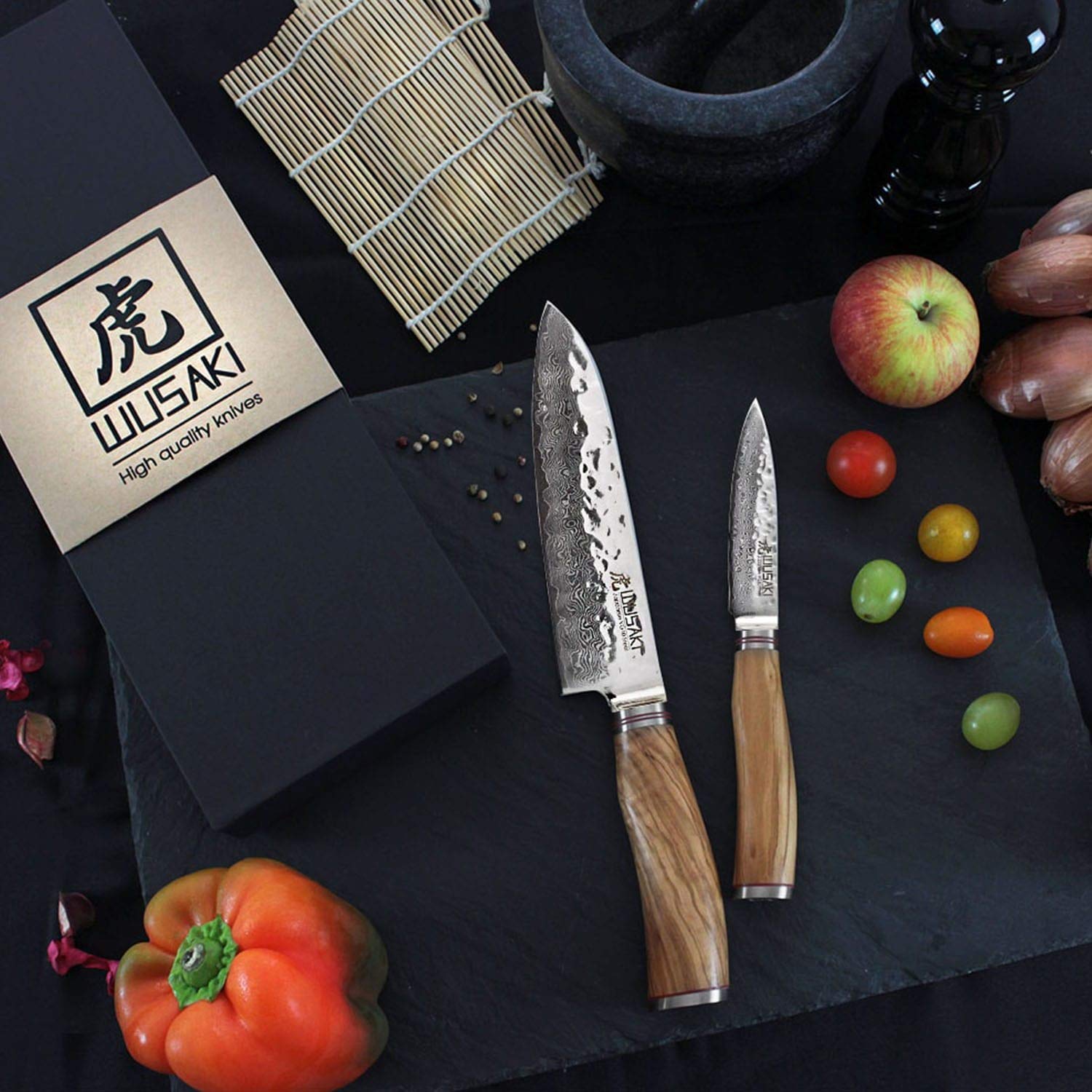 Wusaki Damas 10Cr Coffret de 2 couteaux de cuisine : santoku + couteau d'office - Lames damassées et manches en bois d'olivier