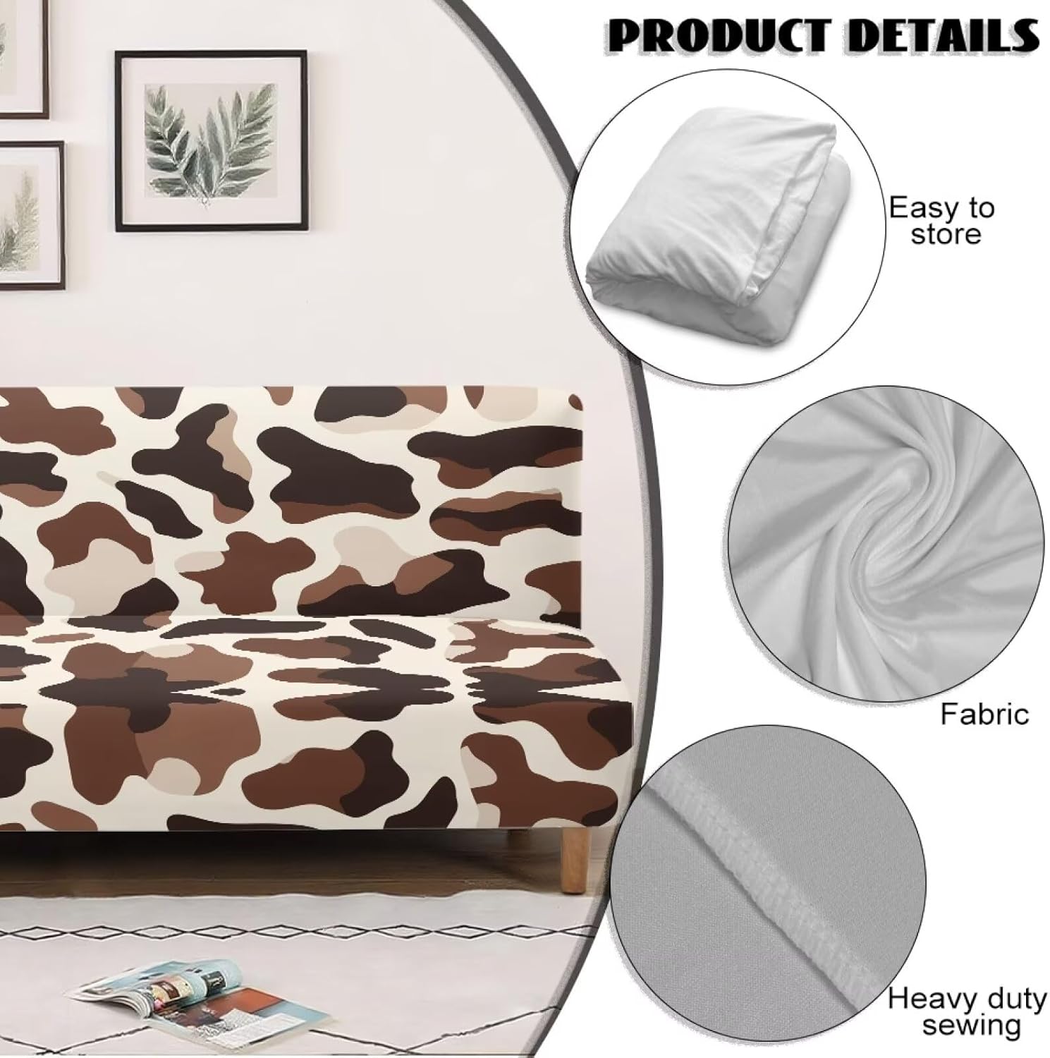 Brown Cow Print Armless Futon Sofa Slipcover, Dustproof Futon Sofa Chair Covers Stretchable Couch Slipcover Universal Fit for Sofas