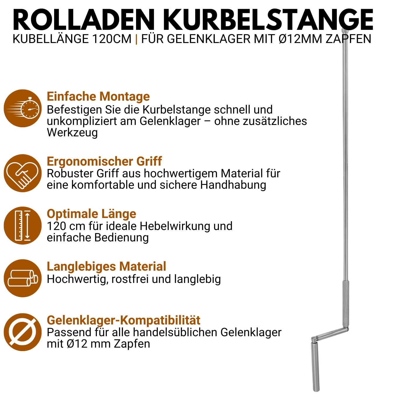 Rolladen Kurbelstange 120cm [Eloxiert], Hand-Kurbel für Gelenklager mit Ø11,9mm Zapfen - Rolladenkurbel rostfreies Aluminium mit ergonomischem Handgriff - markiso®