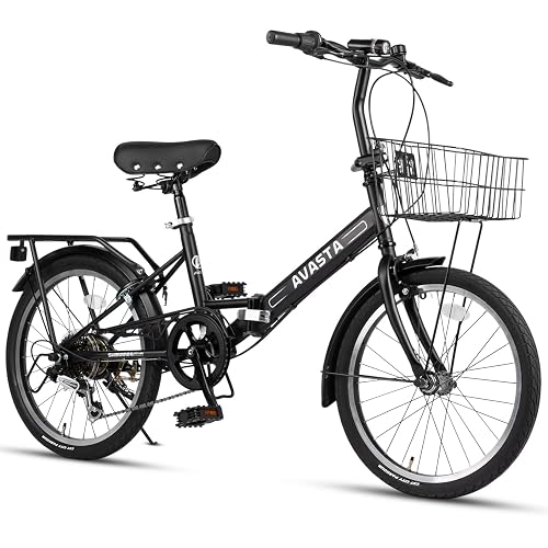 AVASTA Quartet 20 24 Inch Folding Bike with 7-Speed, Dual C-Brake, Fender, Rear Rack and Bicycle Basket, Mutiple Colors