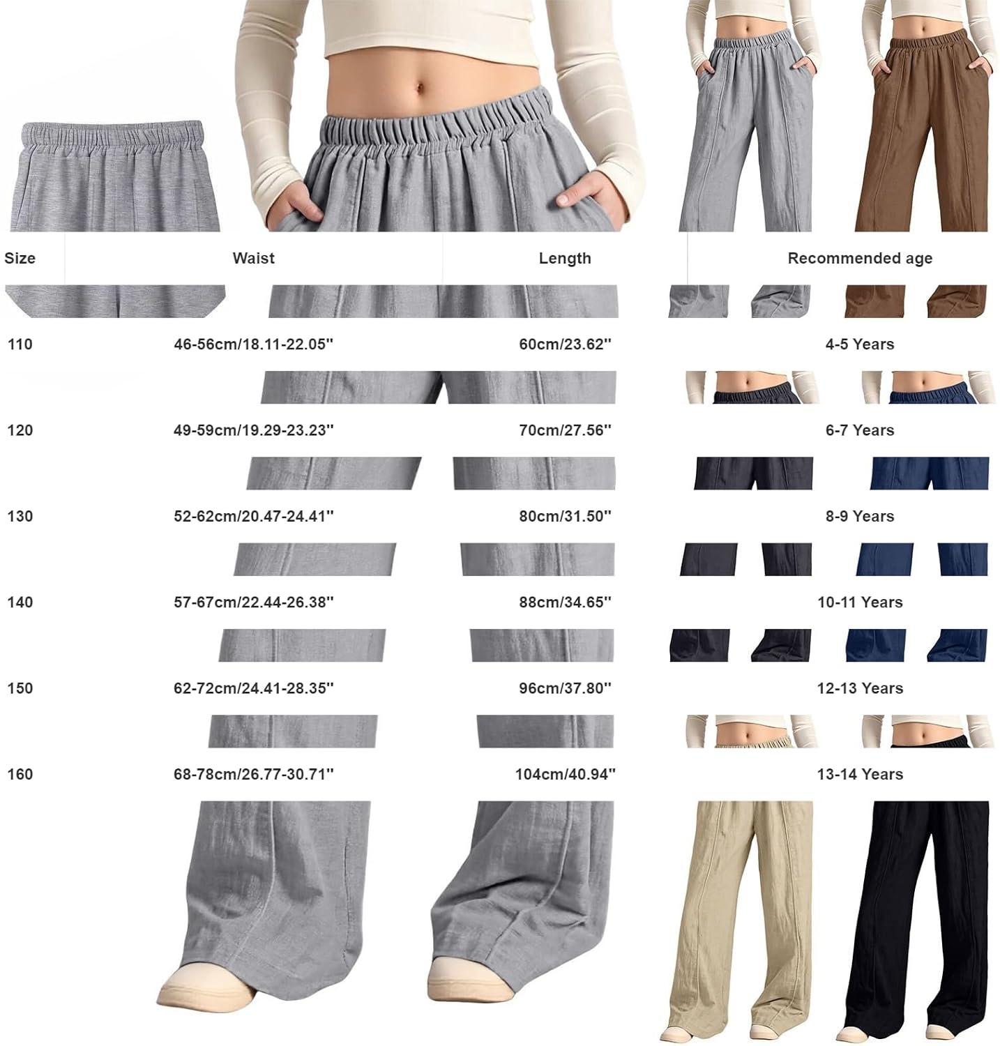 Girls Cotton Linen Pants Baggy Wide Leg Flowy Casual Palazzo for Kids Girl Summer Elastic Waist Loose Plain Trousers