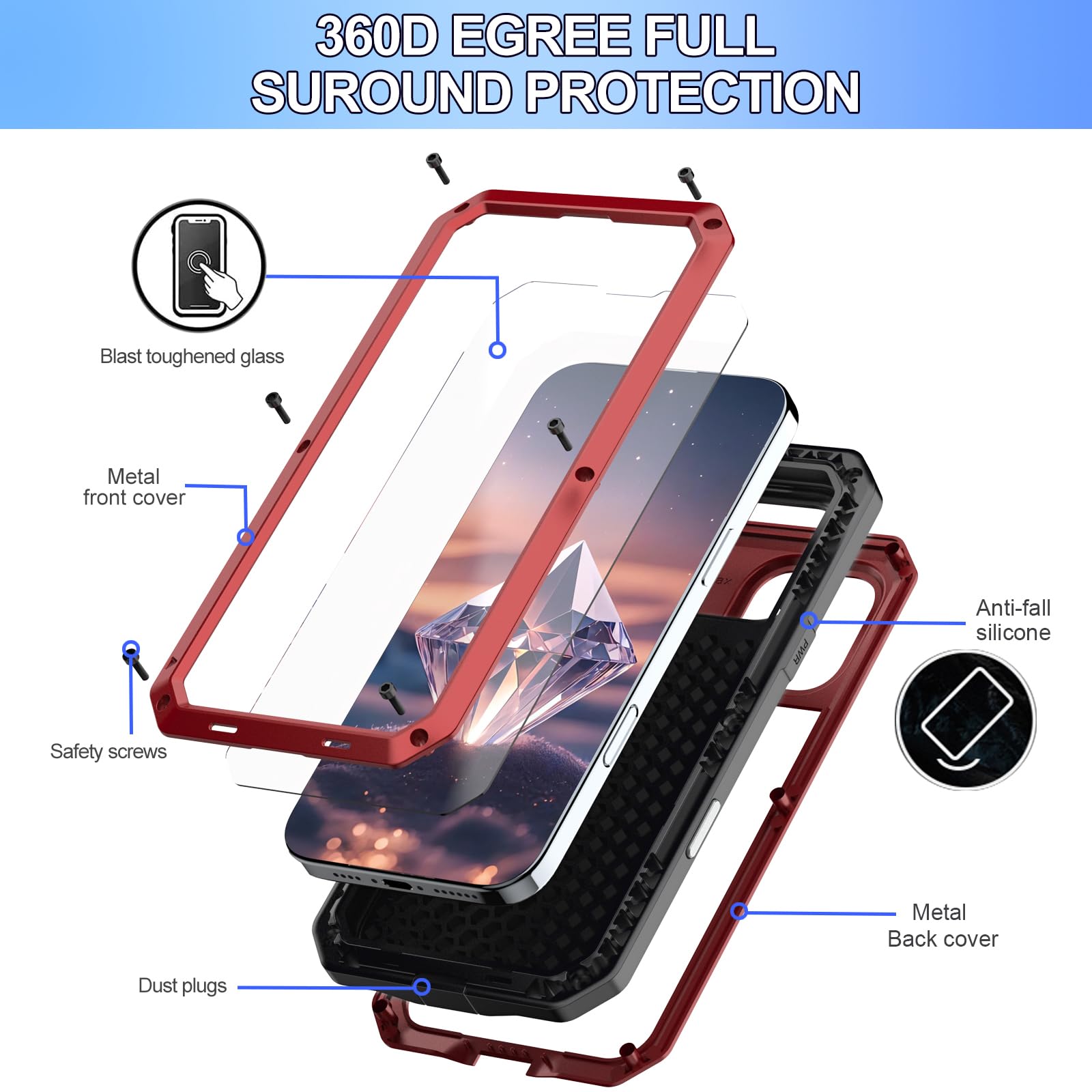 Estuche para iPhone 16 Pro Max/16 Pro/16 Plus/16, Resistente, a Prueba de Golpes, Marco de Metal con Protector de Pantalla Incorporado, Compatible con Carga Inalámbrica