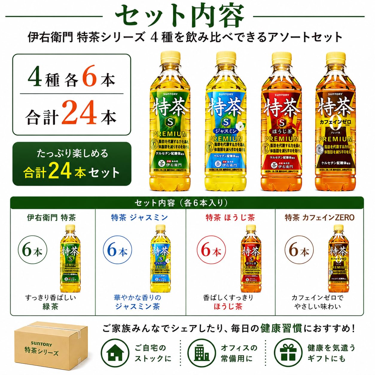 Amazon.co.jp: 特茶 ジャスミン カフェインゼロ トクホ 500ml 4種 24本