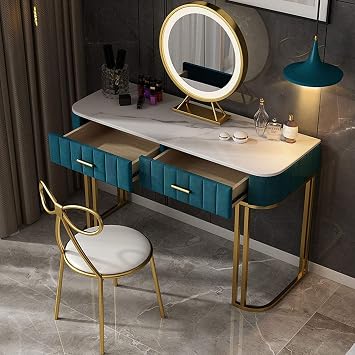 Blue Vani Set with Round Mirror & Cushed Stool 2-Der Makeup Table Spacious Sto ShelvesDressing Table for Bedroom & Home Decor