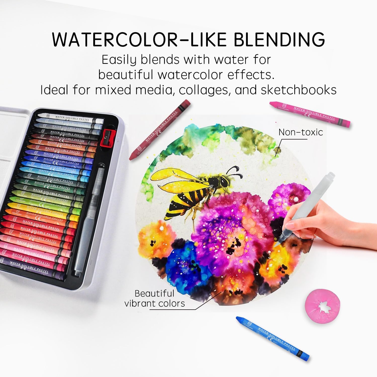 iCrayon 25 Colors Water Soluble Pastels, Watercolor Pastel Set for Beginners and Hobbyists, Includes Sharpener, Palette & Brush for Vibrant Art Creations (Classic)