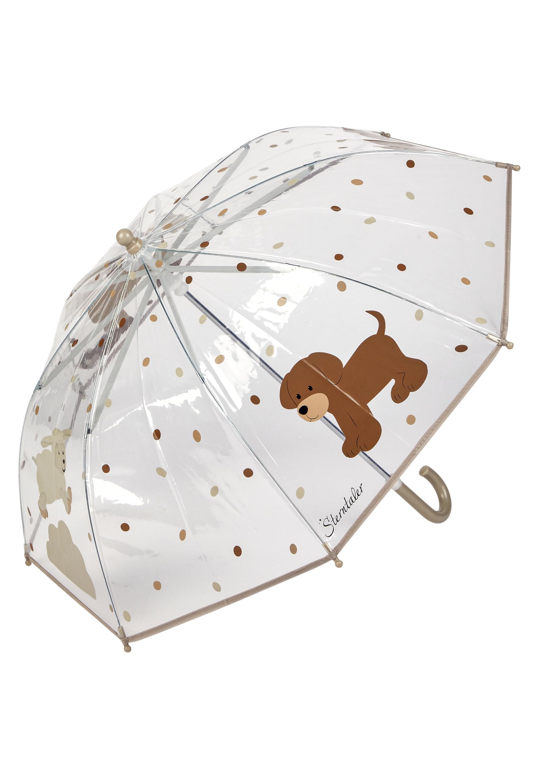Sterntaler Ombrello per bambini con chiusura in velcro, trasparente con manico semicircolare – per bambini con pois e motivi animali, trasparente, multicolore
