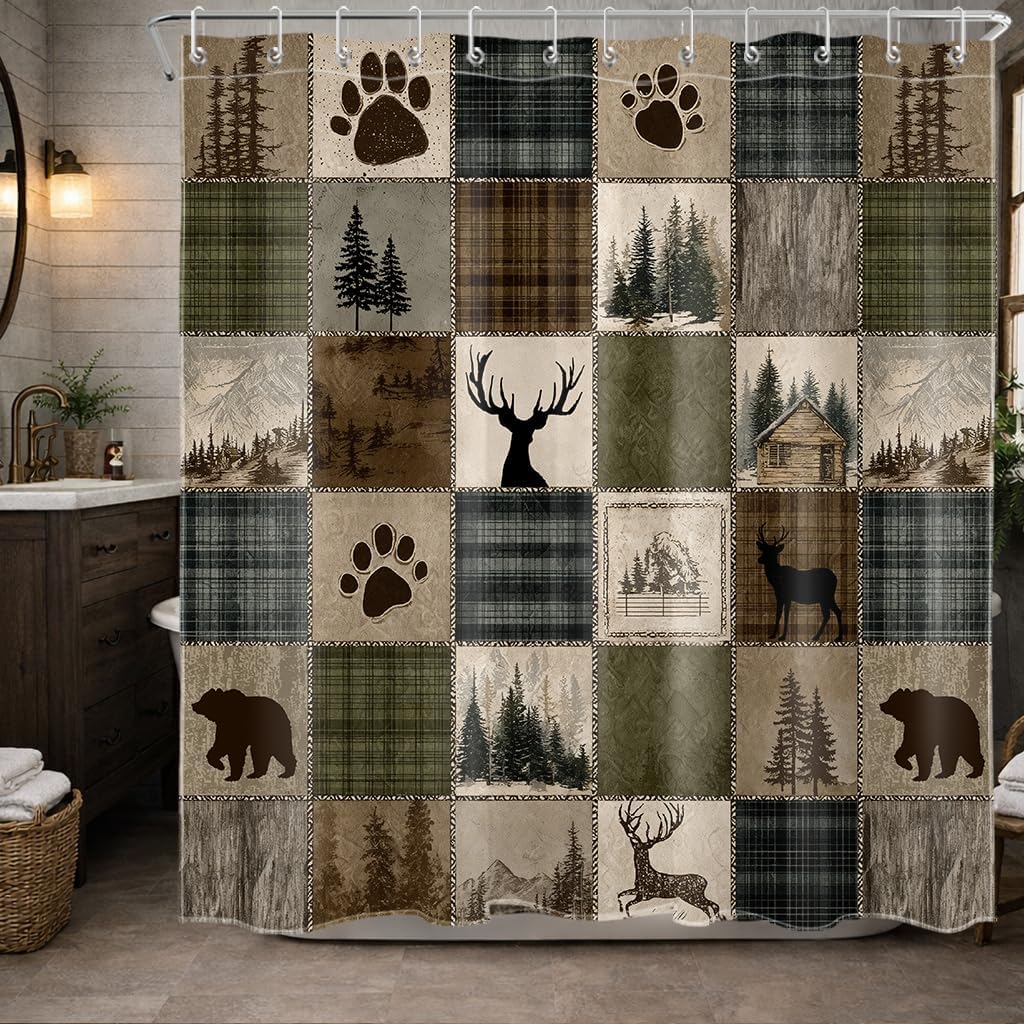 Rustic Cabin Shower Curtain Country Woodland Forest Animal Deer Bear Patchwork Design Polyester Fabric Farmhouse Cottage Bathroom Decor Curtains, 72W X 78L inches