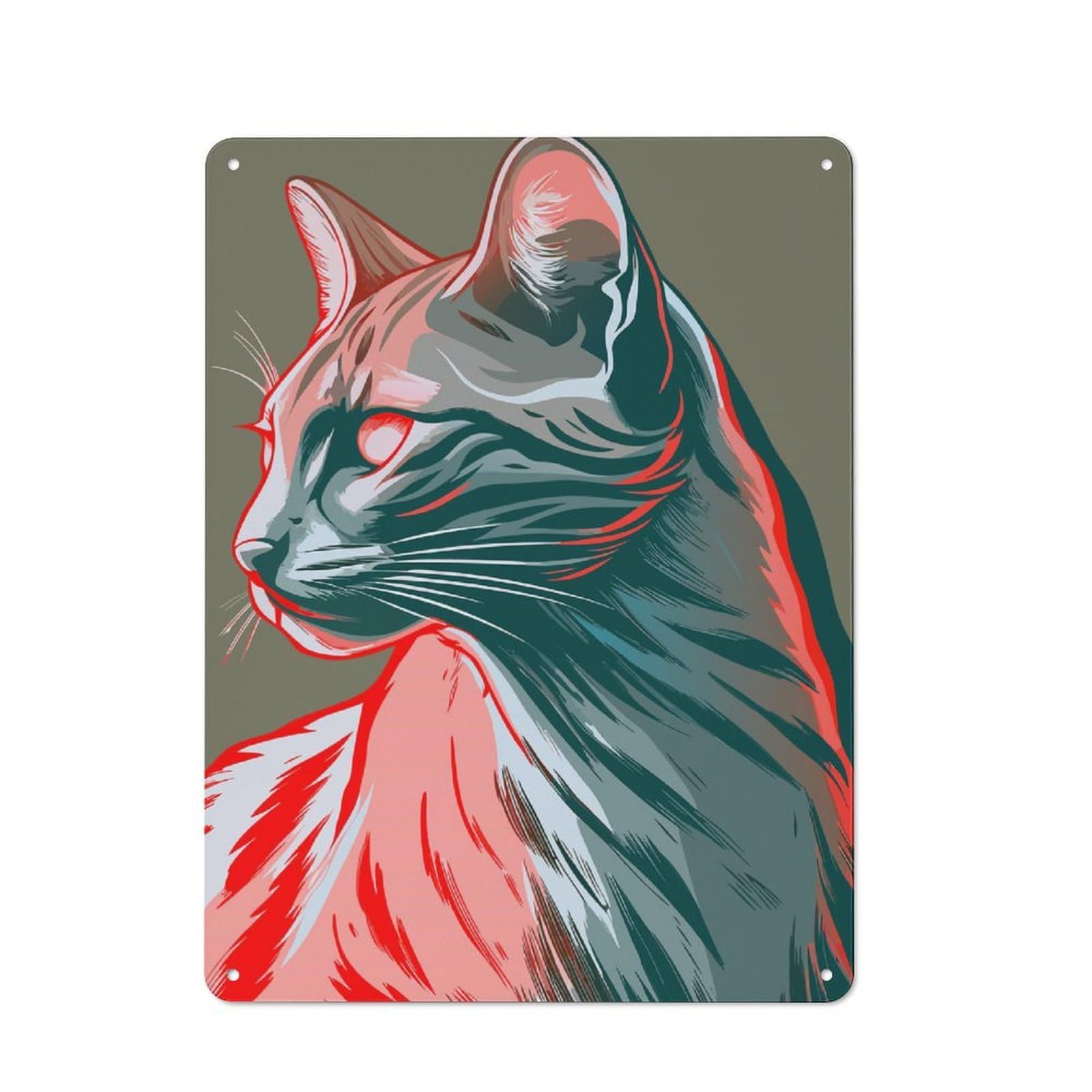 Junmoney Stylized Cat Portrait With Red Accents Printed Metal Sign 40X30cm For Café Or Restaurant, New-Space Wall Decor For Café Owners And Decorators