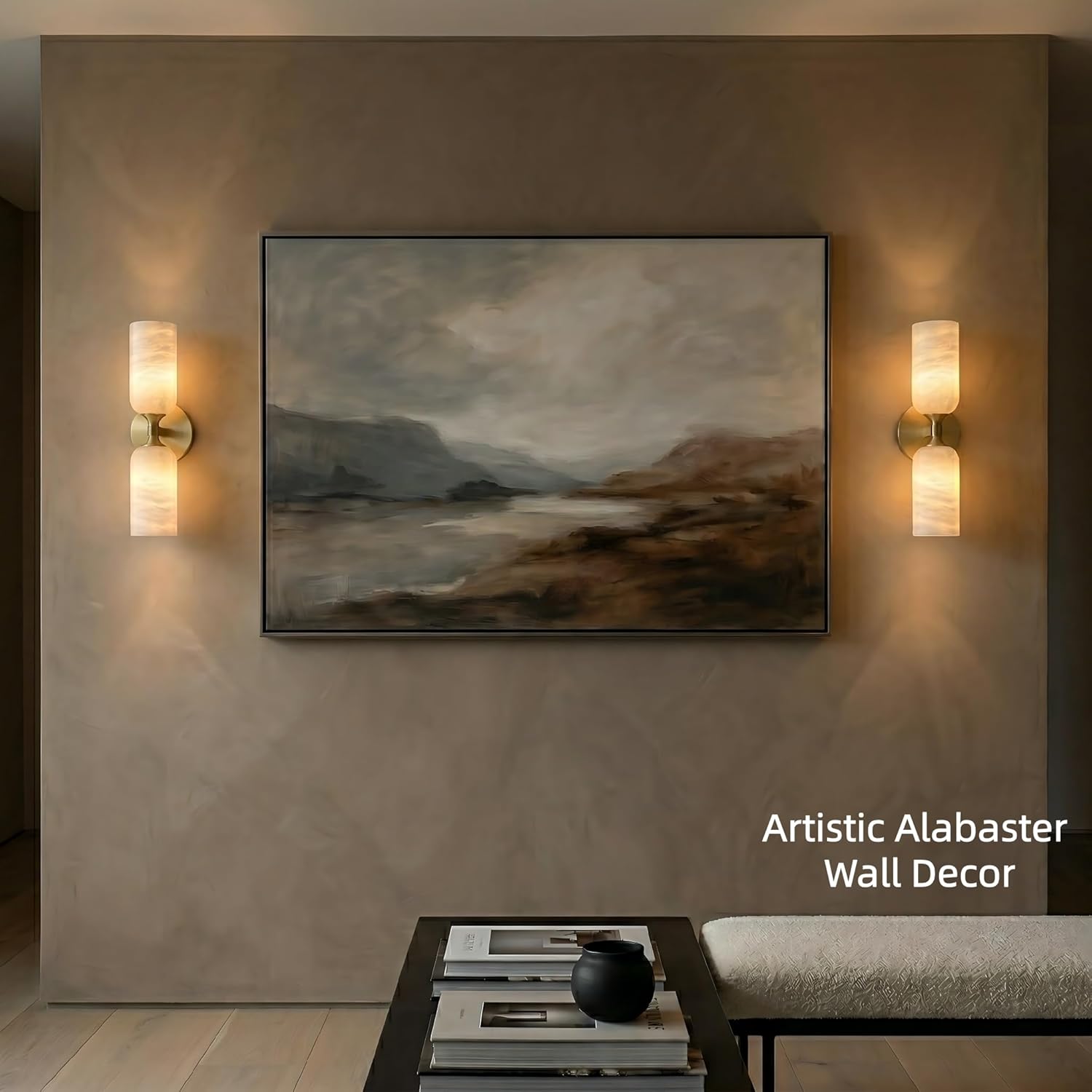 Alabaster Wall Sconces, 14" Modern Spanish Natural Marble Vanity Light, Dimmable Hardwired Brass Gold Wall Sconce Lighting for Bathroom Mirror, Bedroom, Living Room, Luxury Natural Stone Wall Fixtures