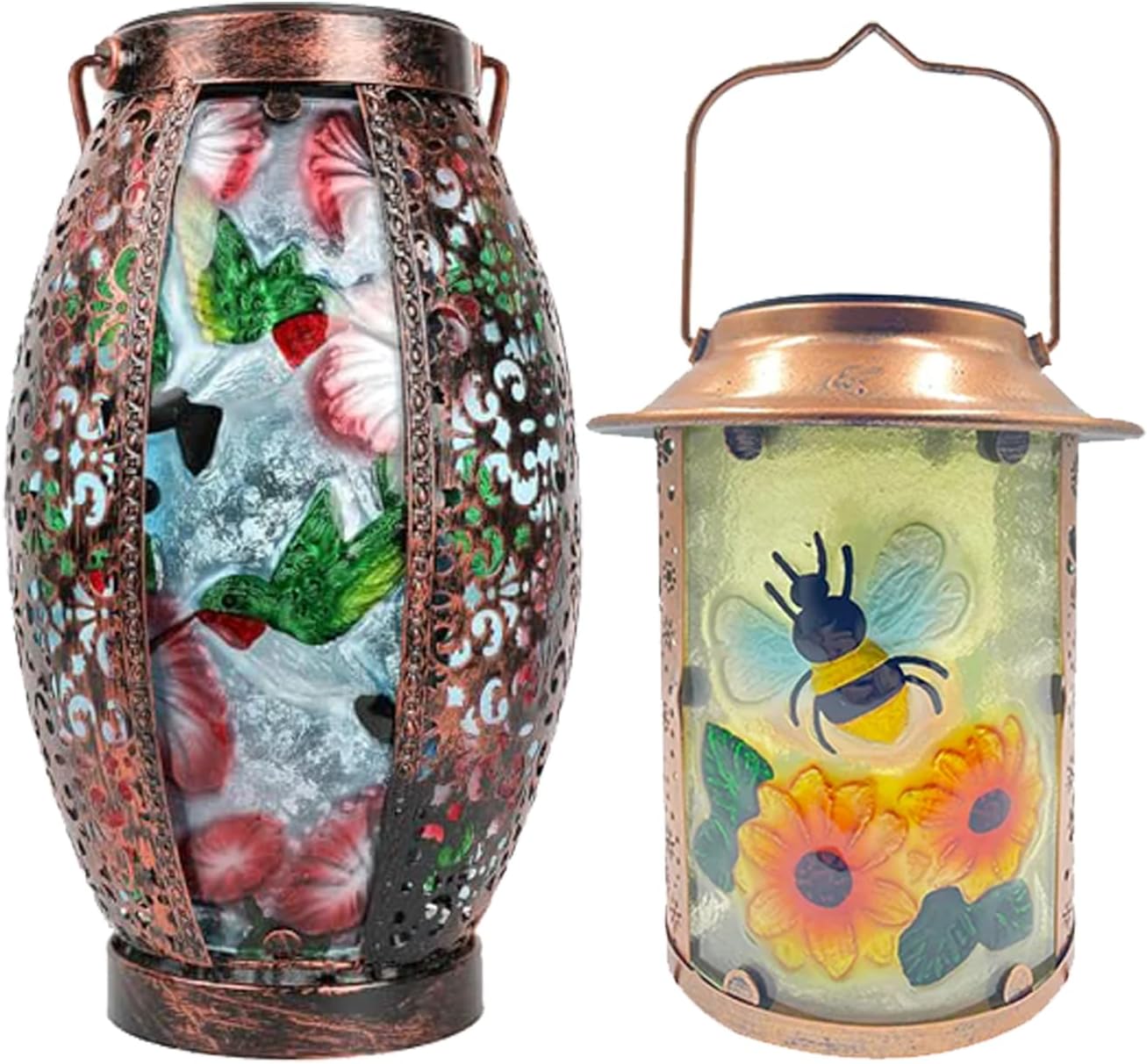 16" H Hummingbird Solar Lanterns + 10" H Bee Solar Lanterns Outdoor Waterproof Tabletop Light with Hollowed-Out Design for Garden Patio Table Decor Christmas Gifts