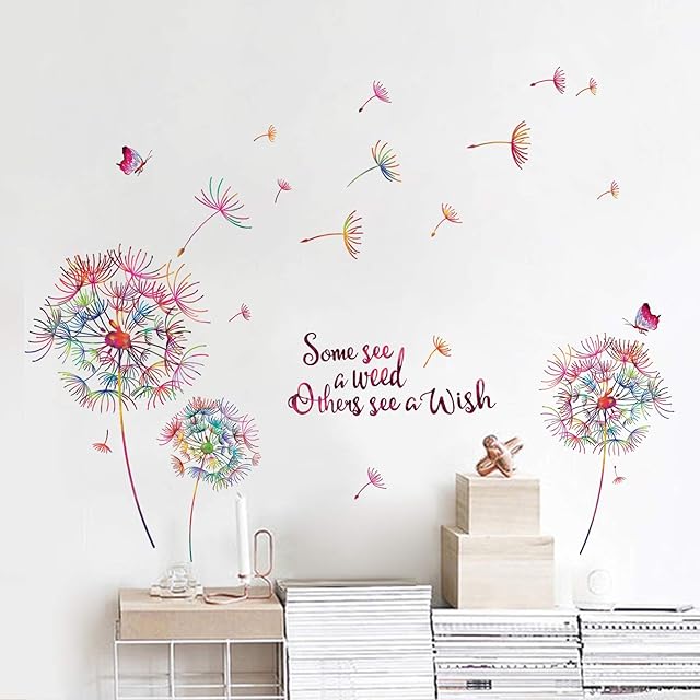 decalmile Colorful Dandelion Wall Decals Quotes Inspirational Letters Butterfly Wall Stickers Living Room Bedroom Sofa TV Background Wall Art Decor