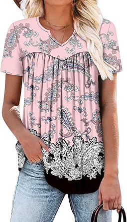KISSMODA Tops for Womens Summer Cute Short Sleeve Shirts Trendy Notched Neck Blouses Casual Loose Pleated Tunics S-3Xl