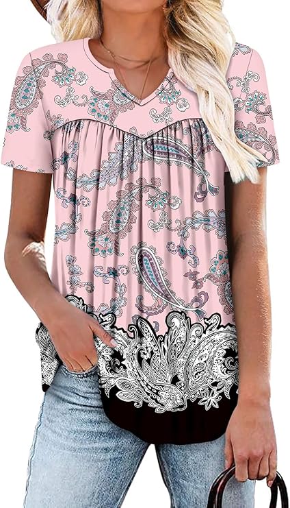 KISSMODA Tops for Womens Summer Cute Short Sleeve Shirts Trendy Notched Neck Blouses Casual Loose Pleated Tunics S-3Xl