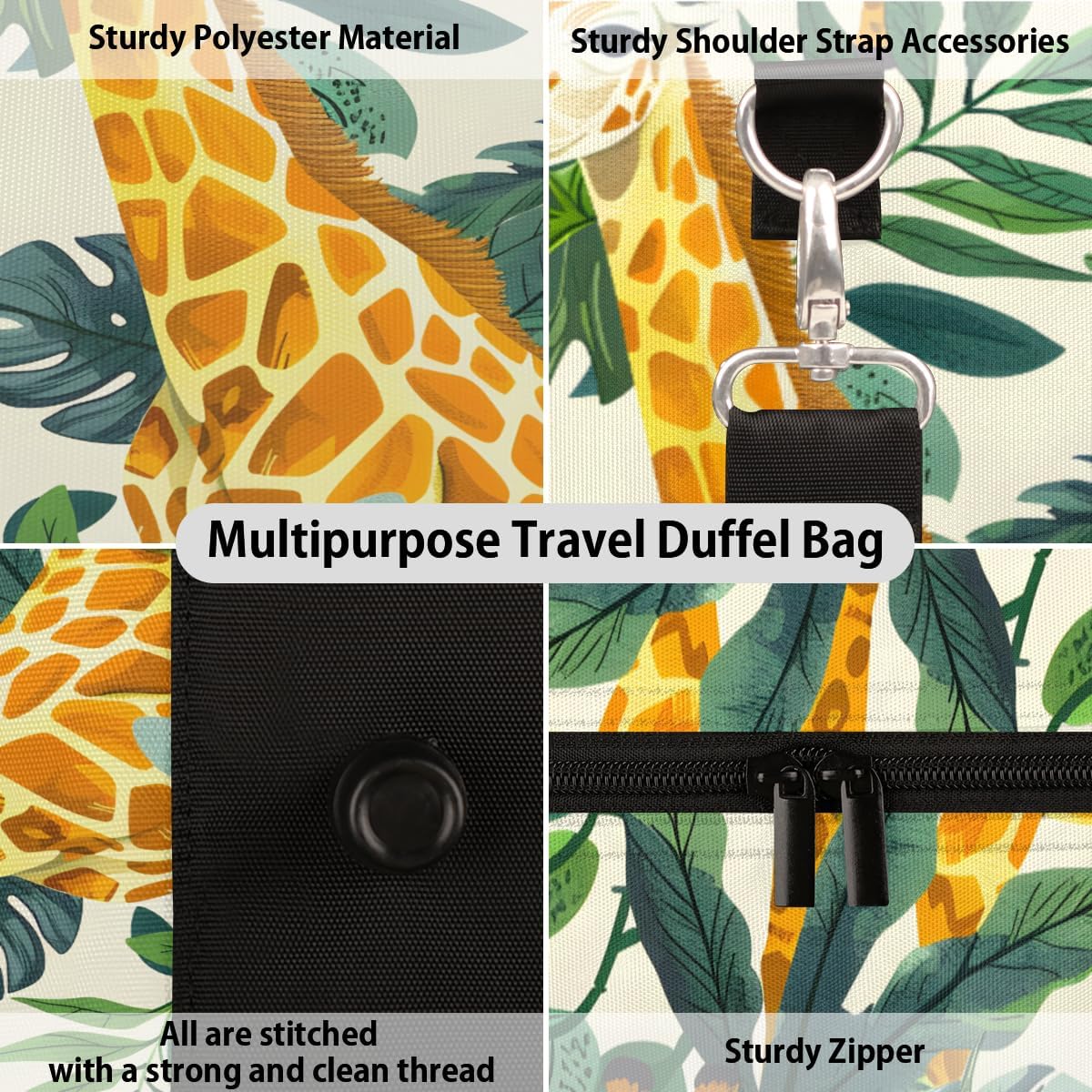 Watercolour Giraffe Leaf Travel Duffel Bag for Women Men Large Capacity Overnight Weekender Bags for Lightweight Waterproof Sport Gym Bag for Workout Yoga Swim