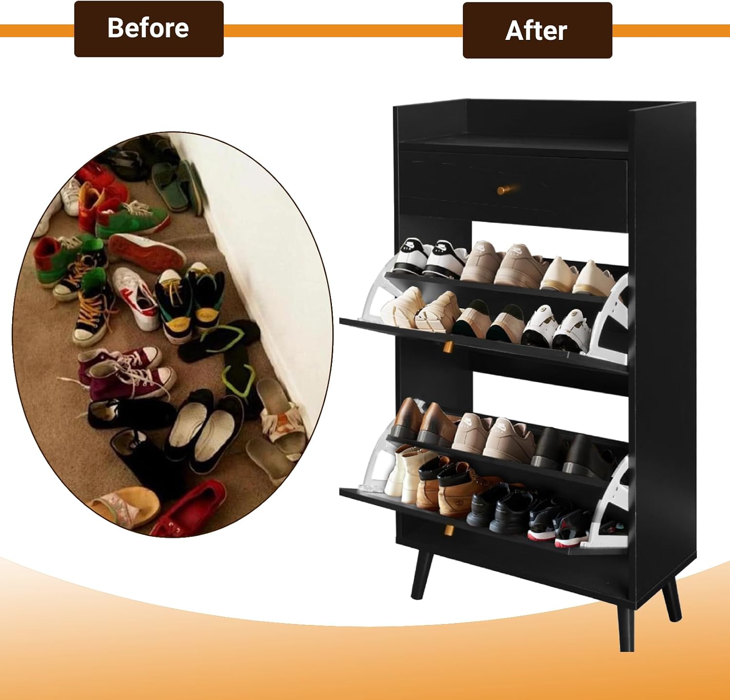 Rattan Shoe Cabinet with 2 Flip Drawer Slim Narrow Shoe Rack Cabinet with Storage Drawer Fence On Top Hidden Entryway Organizer Freestanding Modern Mid-Century Style (Black)