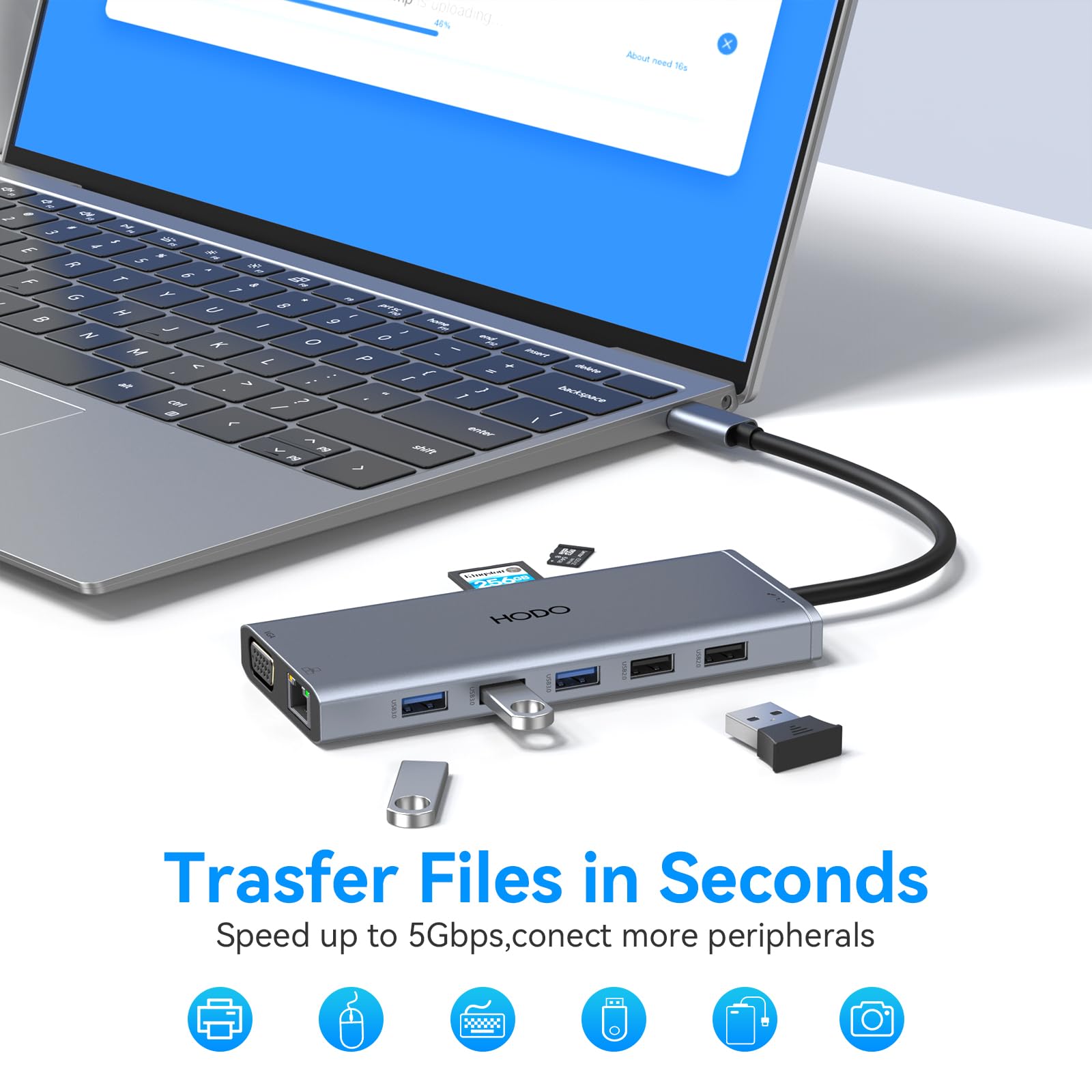 HODO Docking Station Dual Monitor, docking station per laptop 14 in 1 Triple Display, adattatore USB C Hub con 2 HDMI, VGA, Ethernet, PD, USB C Data, 5 USB, SD/TF, Audio/Mic per Dell Thinkpad Lenovo