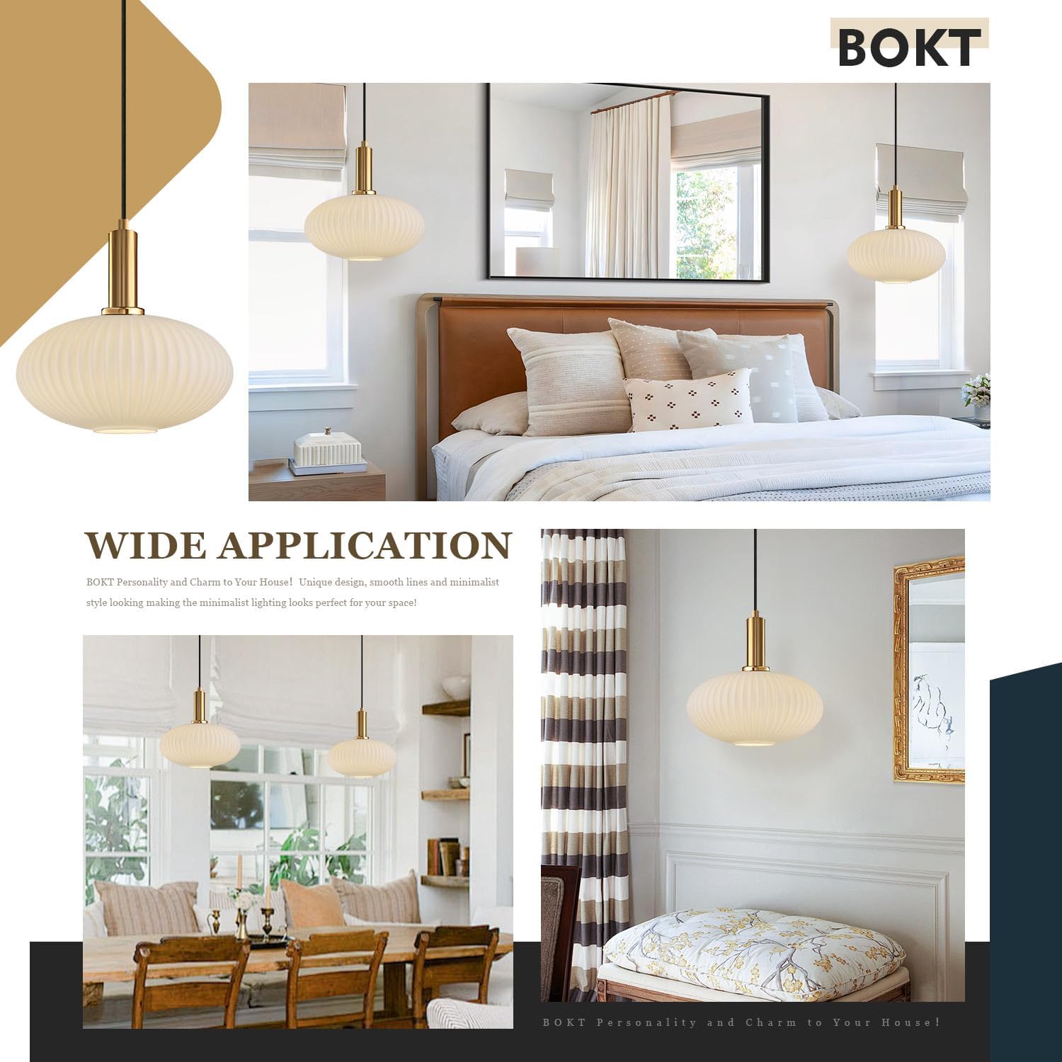 BOKT Gold Schoolhouse Vintage Pendant Light Fixtures Milk White Glass Semi Flush Mount Ceiling Light Fixture Ribbed Globe Glass Shade Pendant Lighting Adjustable Ceiling Chandelier Island Light