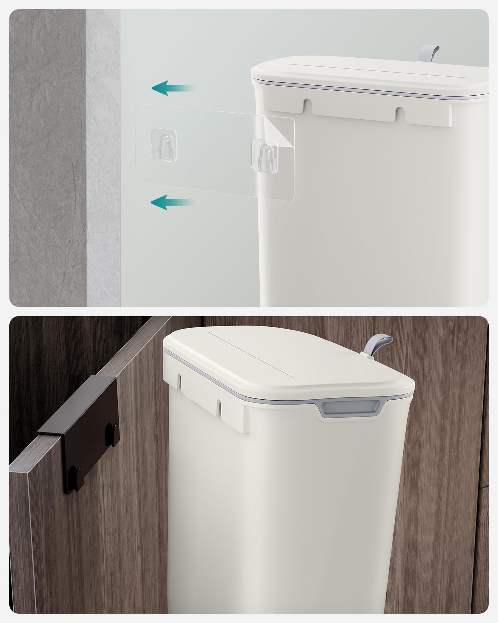 SONGMICS LTB820W9 Wiszący kosz na śmieci, wiadro kuchenne 9 l z pokrywką na odpady, ścienny kosz na śmieci, do zawieszania na drzwiczkach szafki, pod umywalkę, biały