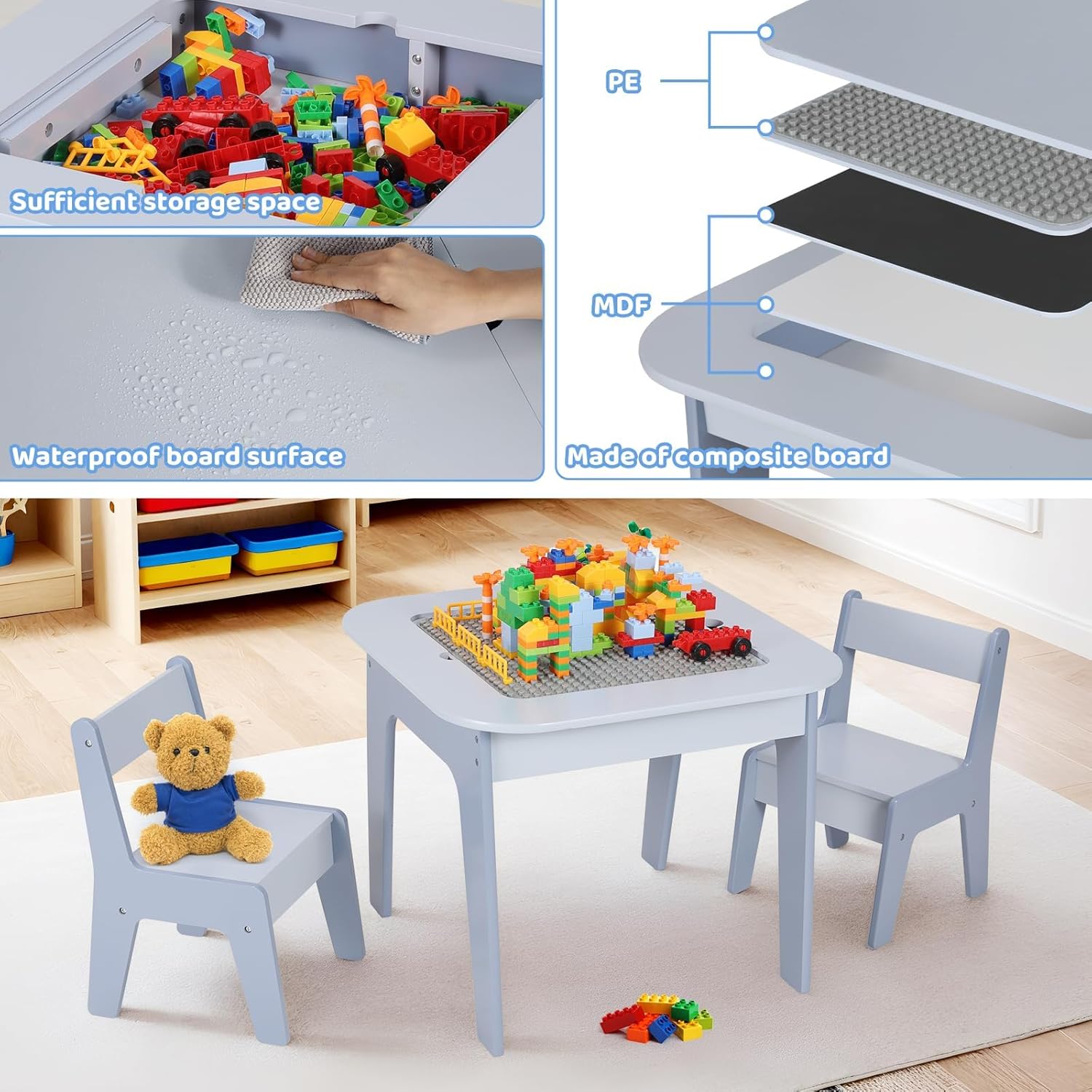 Arlopu 4 in 1 Kids Activity Table with Storage, Building Blocks Board, Reversible Wooden Toddler Table and Chairs, Sensory Desk, Graffiti Blackboard, Whiteboard, Art Crafts Playing, Drawing, Reading