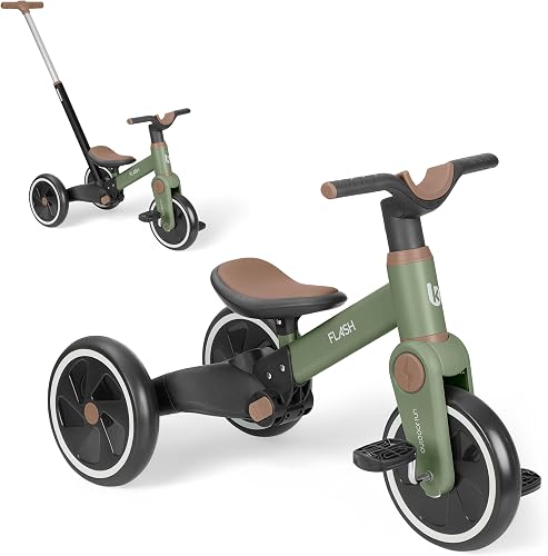 KikkaBoo Triciclo Evolutivo de Bebé 5 en 1 Flash, Desde 18 Meses a 4 Años, Transformable en Bicicleta Sin Pedales, con Manillar de Empuje Ajustable, Ligero, Ruedas EVA, Verde Militar