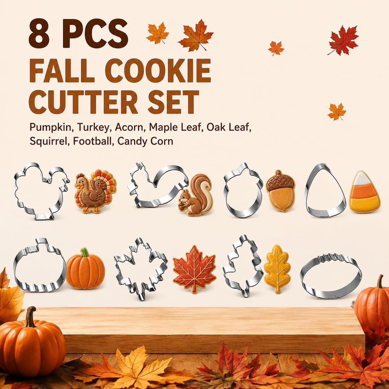 Fall Cookie Cutters Set, 8-Piece Thanksgiving Cookie Cutters with Pumpkin, Turkey, Football and Leaf Shapes, Stainless Steel
