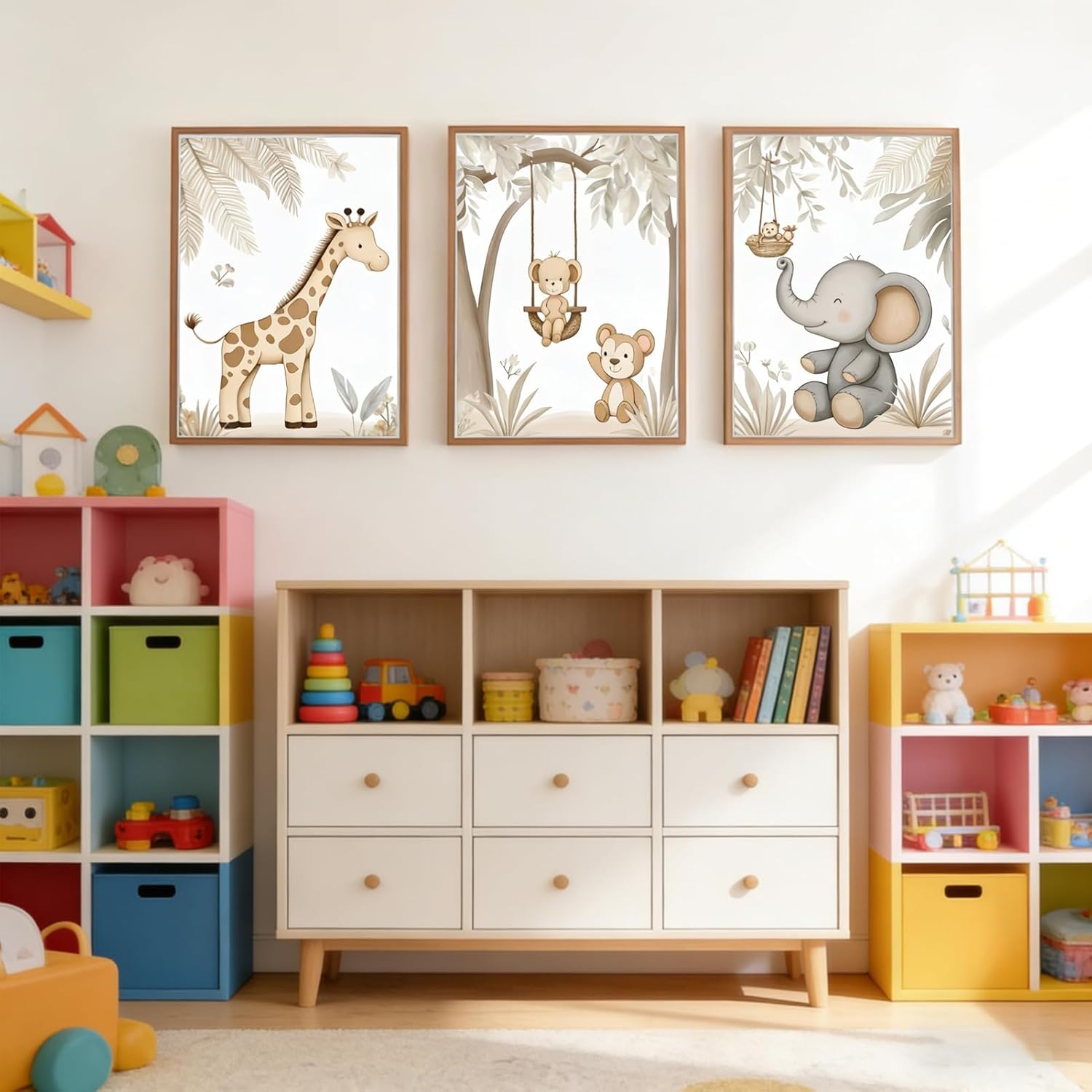 NGXIPUST 3Pcs Woodland Animal Nursery Wall Art Neutral Safari Animal Jungle Paintings Pictures Wall Decor Giraff Monkey Elephants Watercolor Poster Printing Artwork for kids room Home Decoration