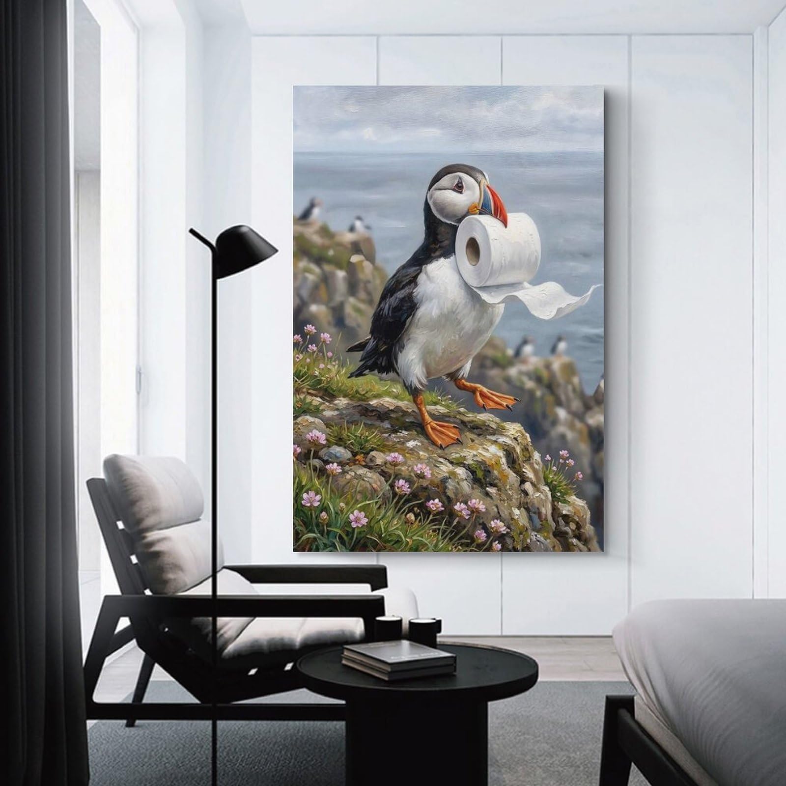 Junmoney Wall Art Print Puffin Carrying Toilet Paper, 20x30inch(50x75cm), for Study, Office Or Focused Interiors, Decorative Artwork for Productive Spaces