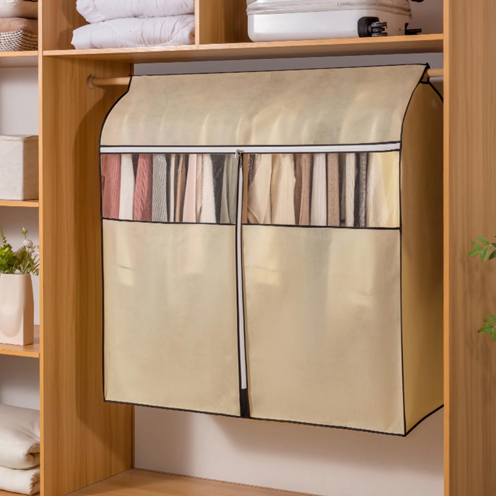 Funda para Perchero de Ropa, Cubierta de Ropa, Ventana Transpirable con Cremallera, Color Beige, 60-150x50x120cm, for Abrigo, Traje Vestir(150x50x120cm)