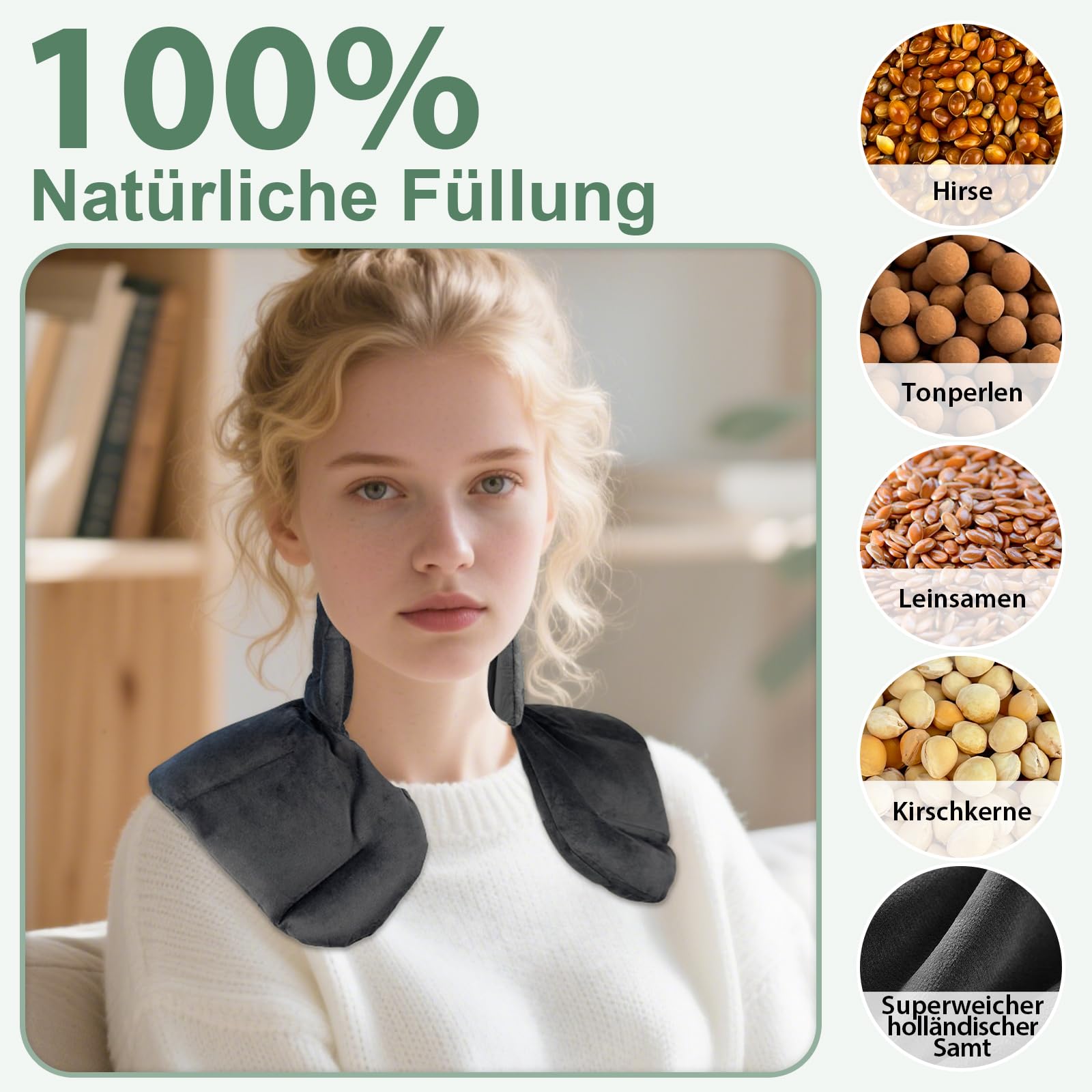 Körnerkissen Nacken Schulter für Mikrowelle, Kirschkernkissen Nacken Schulter, Nackenkissen mit Kragen,100% natürliche Füllungen Geschenke für die Familie, Wärme-/Kältetherapie(Grau)