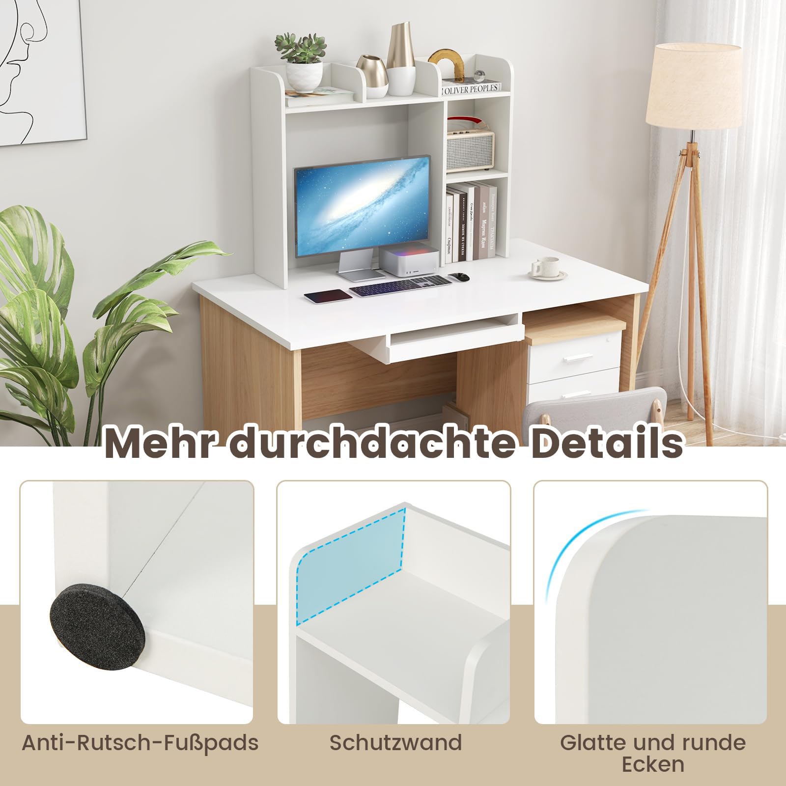 GOPLUS Schreibtischregal, Schreibtisch Bücherregal mit 5 offene Ablagen, Tischregal Desktop Organizer Regal für Büro & Arbeitszimmer, 94 x 25 x 74 cm (Weiß)