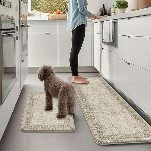 Vista 161 de KIMODE - Juego de 2 tapetes de cocina antifatiga, estilo vintage, antideslizantes, impermeables, ergonómicos, acolchados, cómodos para lavandería