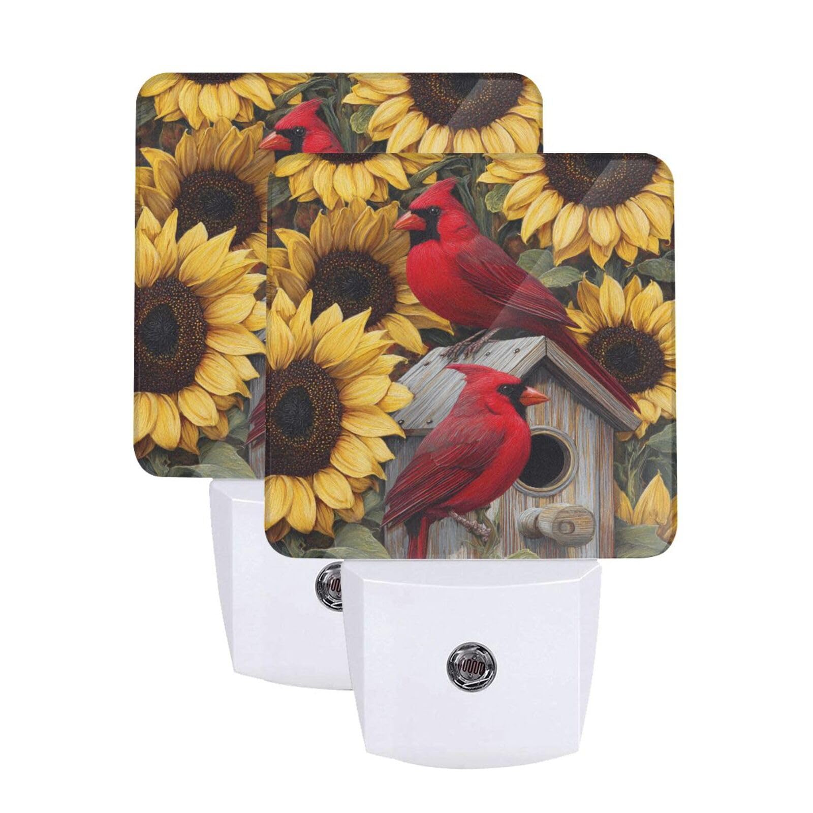 Sunflowers Red Birds Night Light Set of 2, Auto Sensor LED Dusk-to-Dawn Nightlights, Plug-in Sensor Lamp for Bedroom Bathroom Kitchen Hallway Stairs Decorative