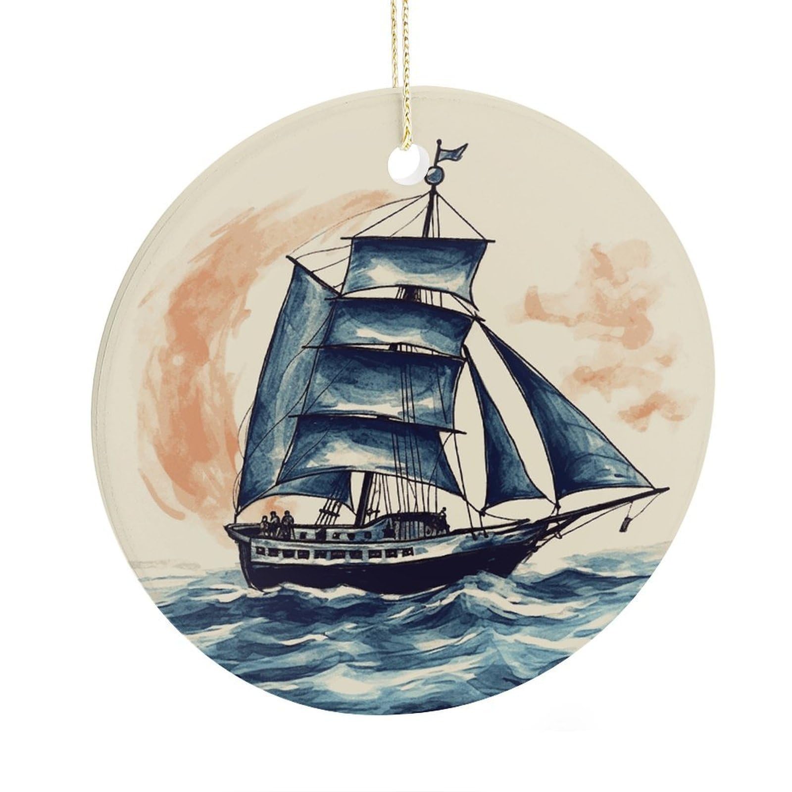 Fekiloot Style Nautical Sailboat Christmas Ornaments 2.9 Inch Round Ceramic Ornament Keepsake Thank You Gifts For Office, Room, Home - Holiday Present Ideas