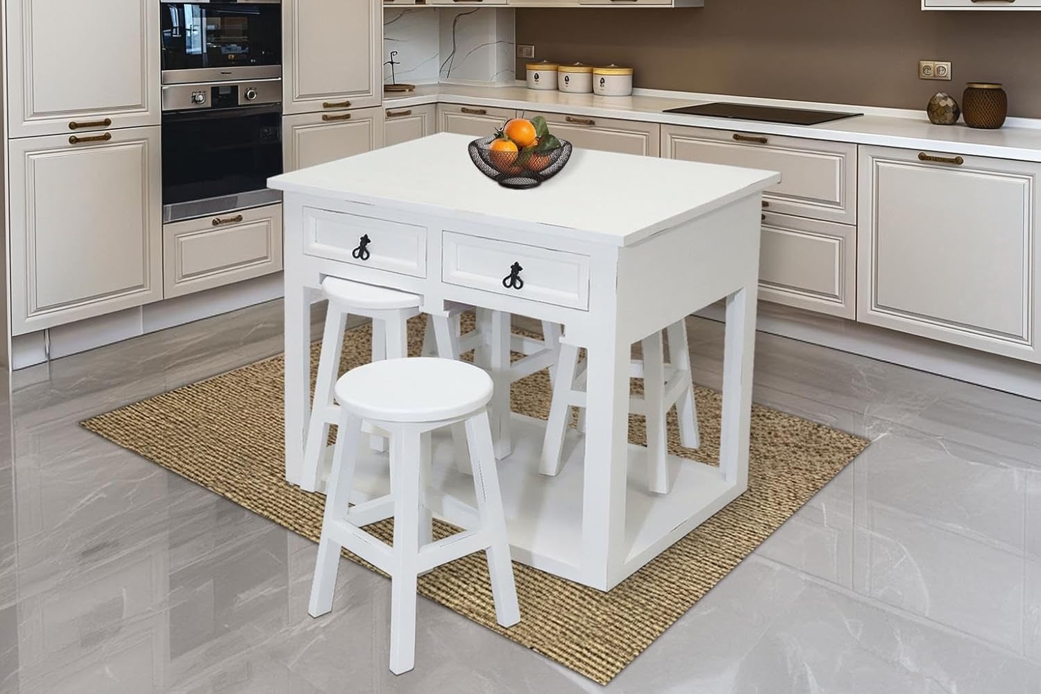 Island Table with 4 Stools (Distressed White) (Kitchen Island Table with 4 Chair Stools)