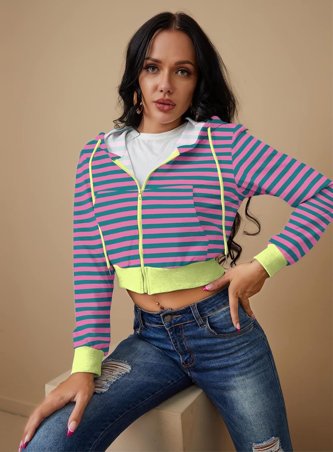 Women's Zip Up Hoodies Cropped Cardigan Jacket Drawstring Hooded Sweatshirts Casual Long Sleeve Top… - Image 5