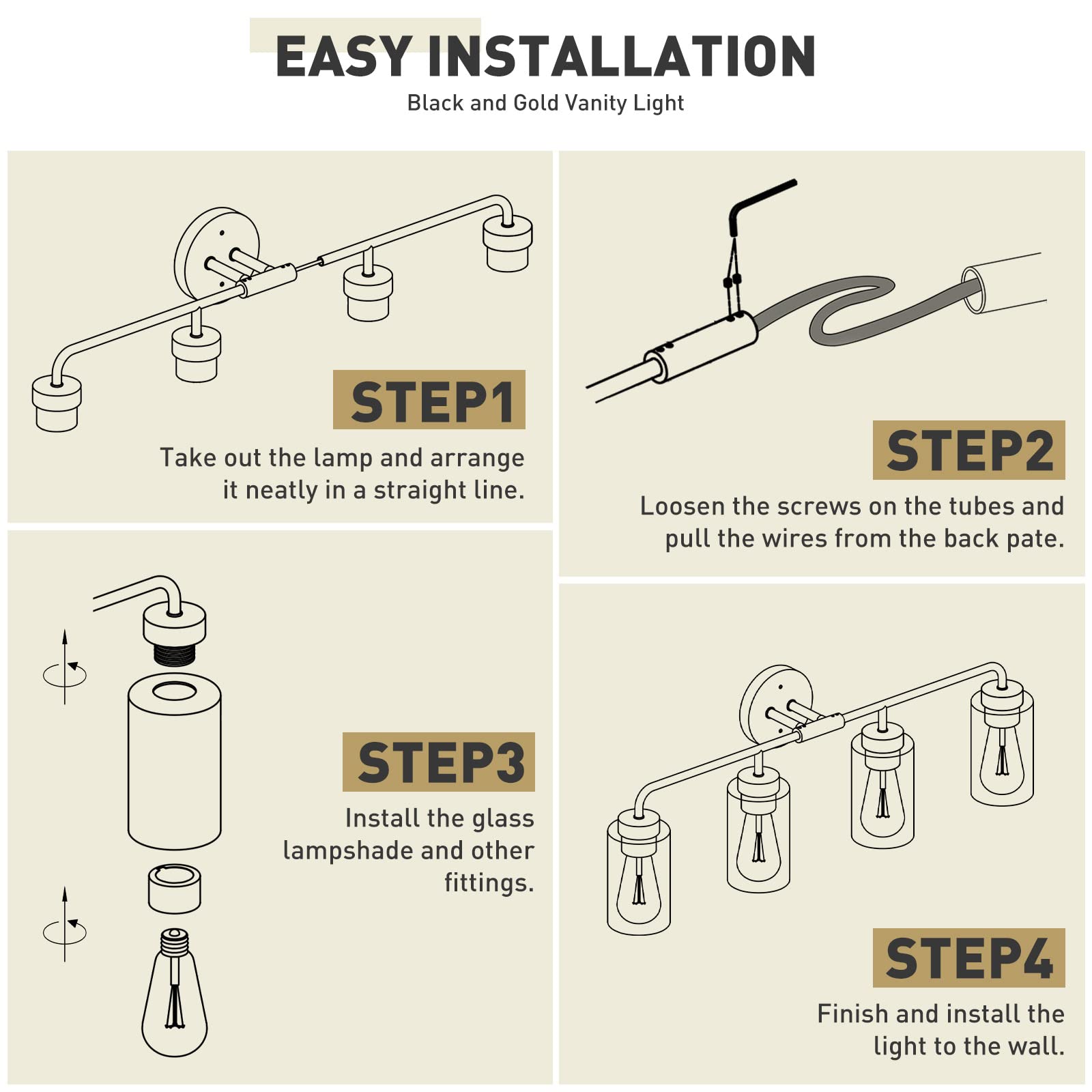 zeyu Farmhouse 4-Light Bathroom Vanity Light, 30 Inch Bathroom Lights Over Mirror, Black and Gold Finish with Clear Glass, ZS62B-4W BK+BG